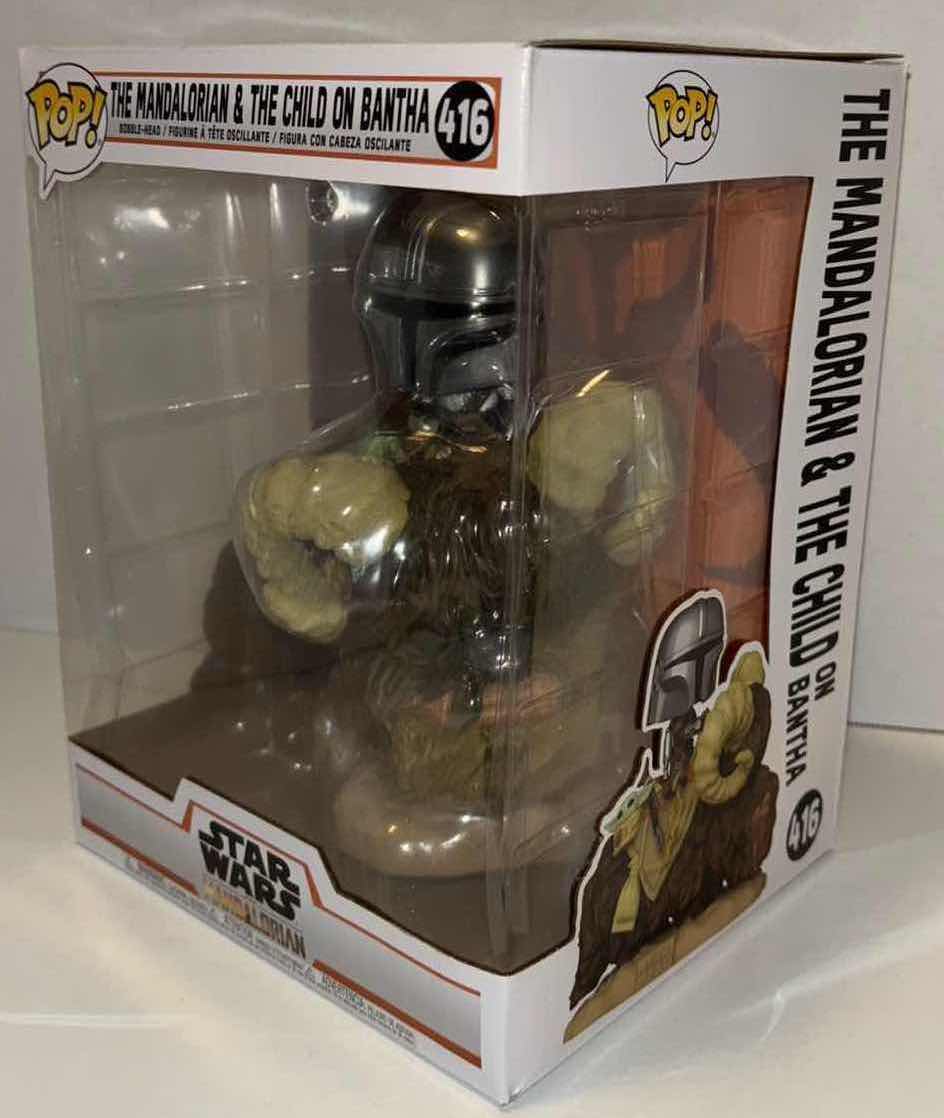 Photo 1 of NEW FUNKO POP! STAR WARS VINYL BOBBLEHEAD FIGURE, #416 THE MANDALORIAN & THE CHILD ON BANTHA