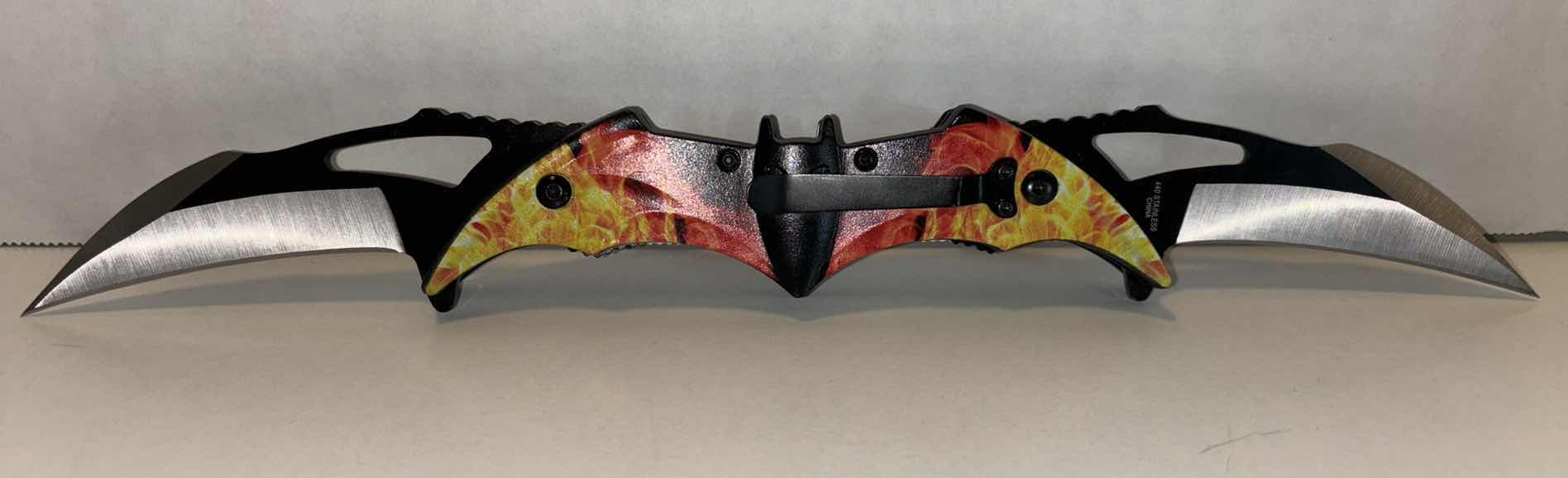 Photo 1 of NEW BATMAN 12” DUAL BLADE SPRING ASSISTED FOLDING POCKET KNIFE- “FIRE” STYLE