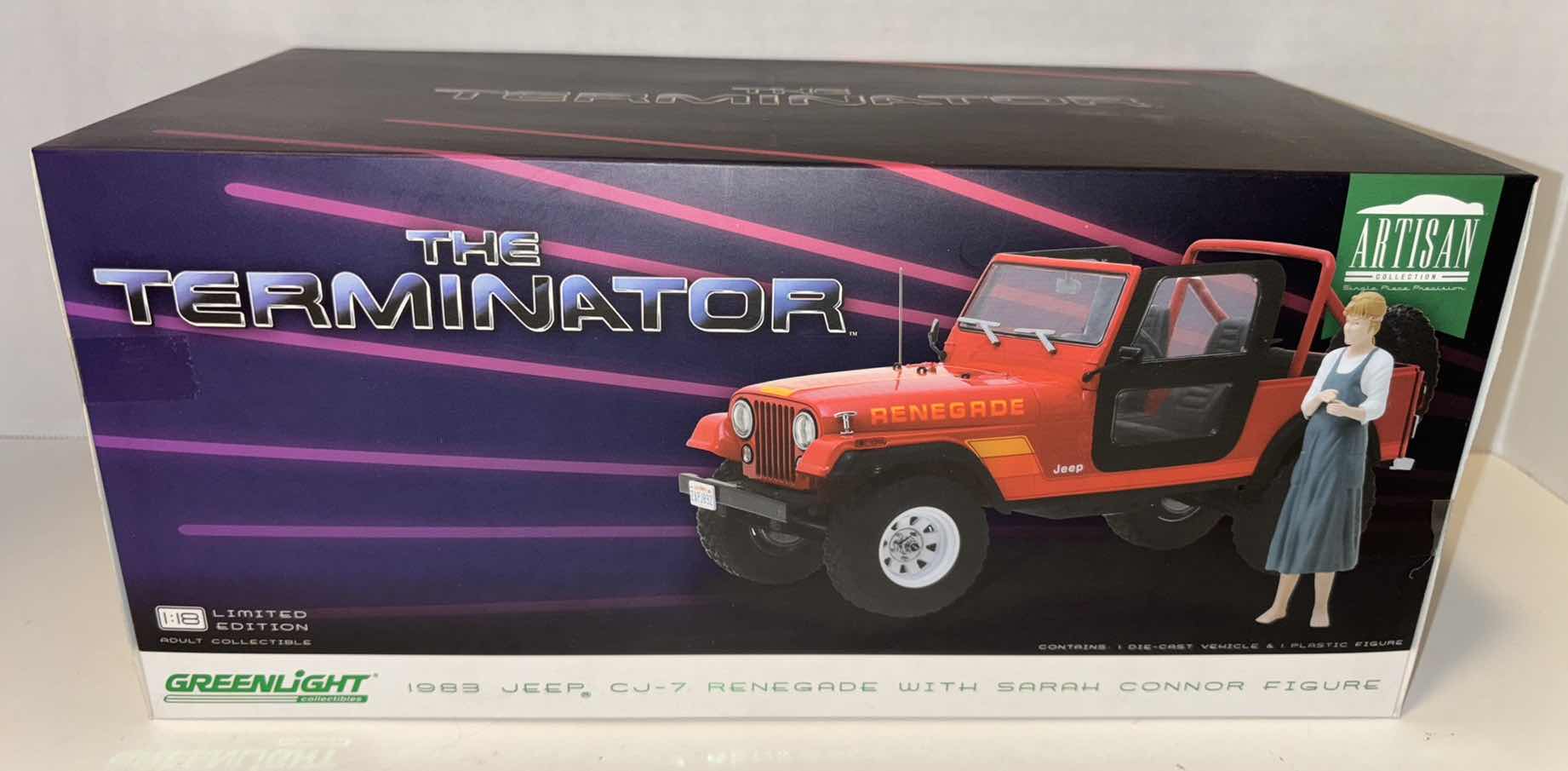 Photo 1 of NEW GREENLIGHT COLLECTIBLES ARTISAN COLLECTION, THE TERMINATOR DIE-CAST 1983 JEEP CJ-7 RENEGADE W SARAH CONNOR FIGURE, 1:18 SCALE LIMITED EDITION