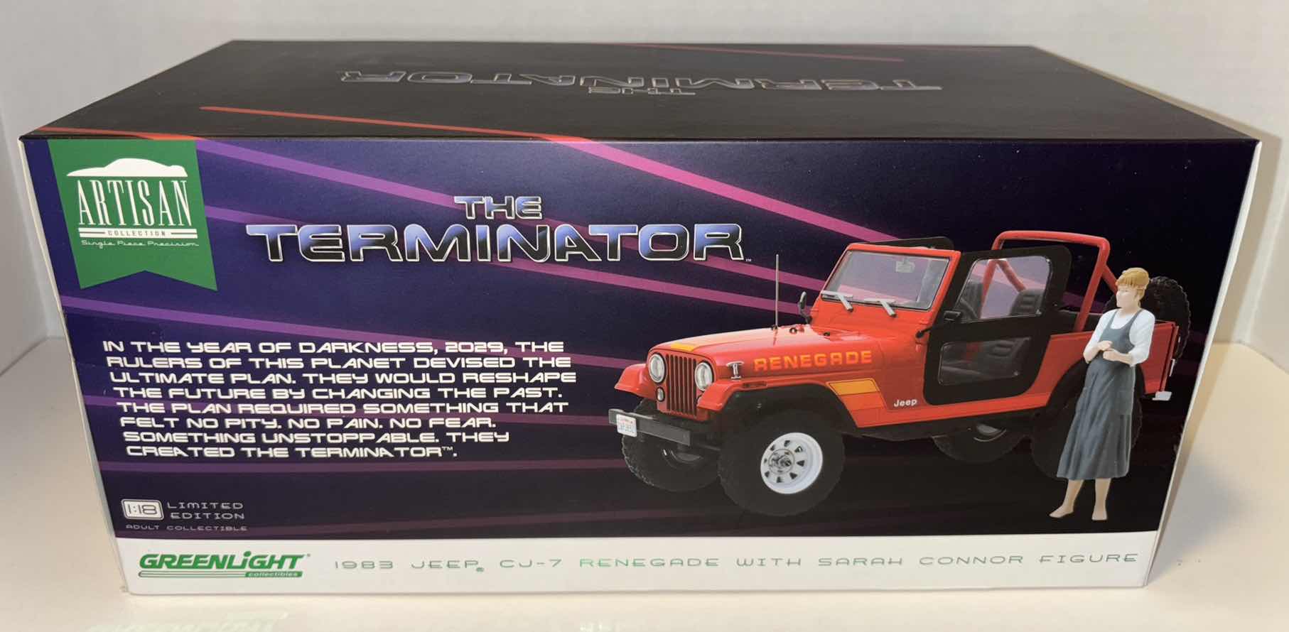Photo 1 of NEW GREENLIGHT COLLECTIBLES ARTISAN COLLECTION, THE TERMINATOR DIE-CAST 1983 JEEP CJ-7 RENEGADE W SARAH CONNOR FIGURE, 1:18 SCALE LIMITED EDITION