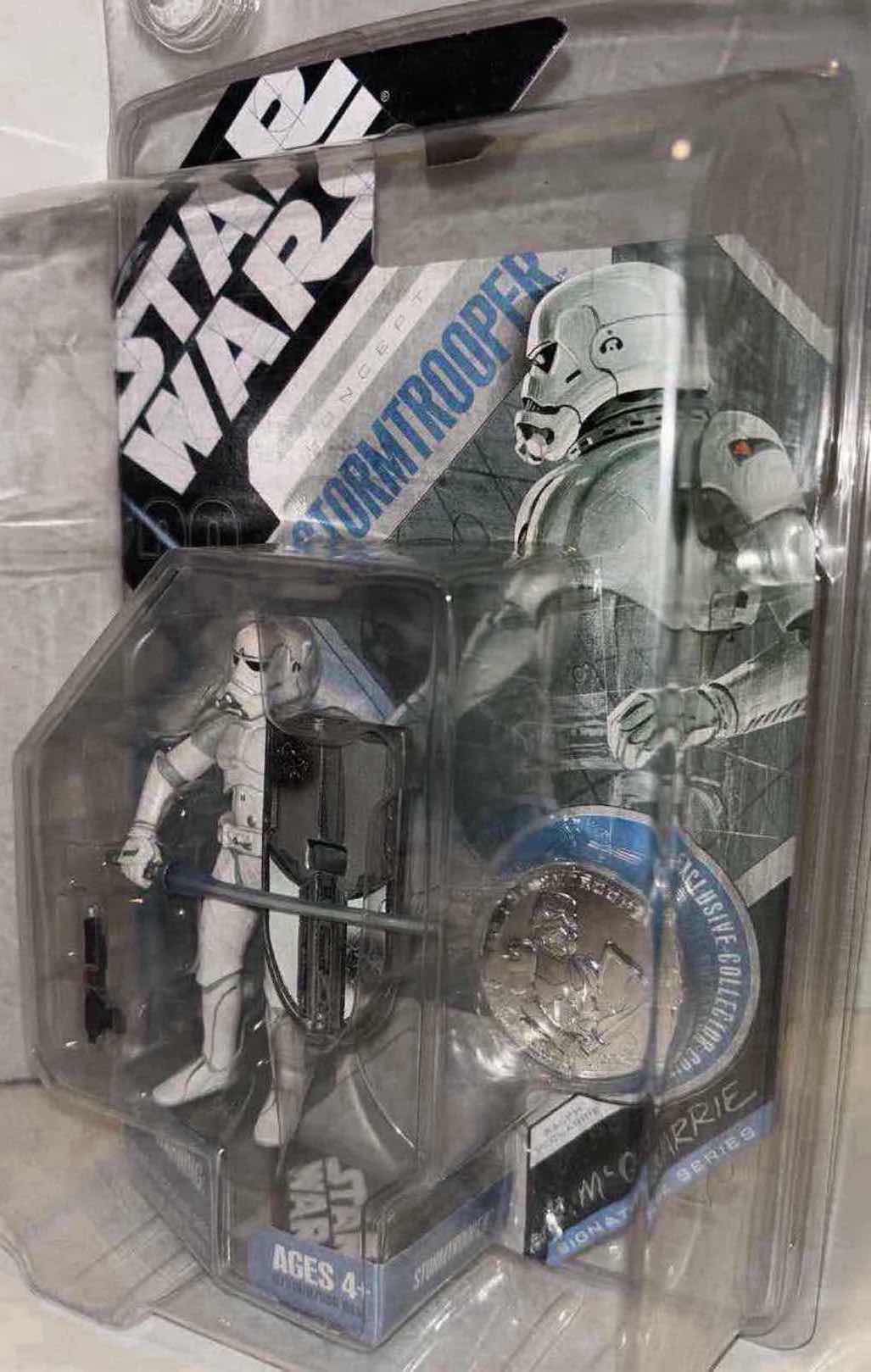 Photo 1 of NEW HASBRO 2006 STAR WARS 30TH ANNIVERSARY RALPH MCQUARRIE SIGNATURE SERIES ACTION FIGURE & ACCESSORIES W EXCLUSIVE COLLECTOR COIN, “CONCEPT STORMTROOPER” IN CLEAR CLAMSHELL CASE