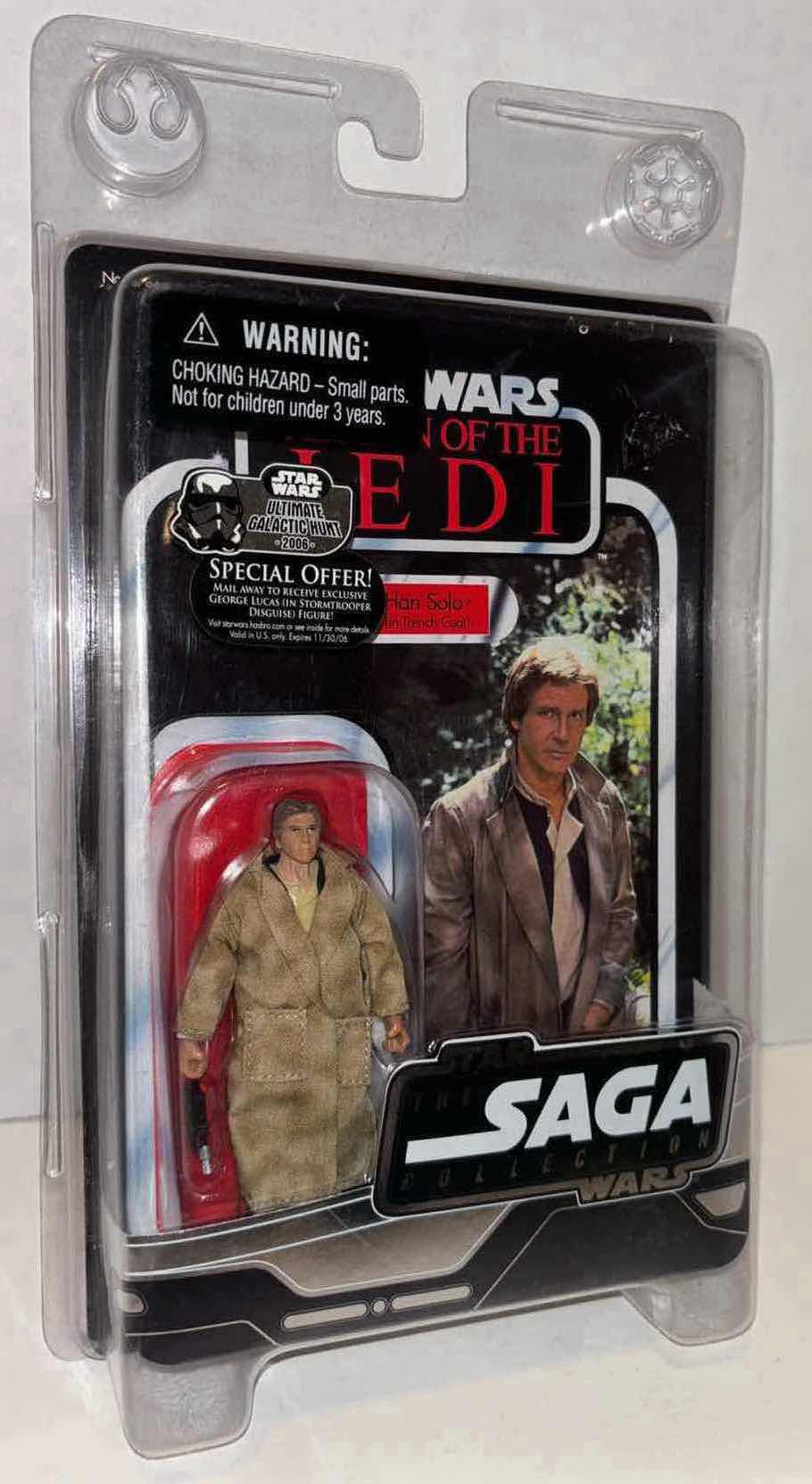 Photo 1 of NEW HASBRO 2006 STAR WARS THE SAGA COLLECTION ACTION FIGURE & ACCESSORIES, RETURN OF THE JEDI “HAN SOLO (IN TRENCH COAT)” IN CLEAR CLAMSHELL CASE