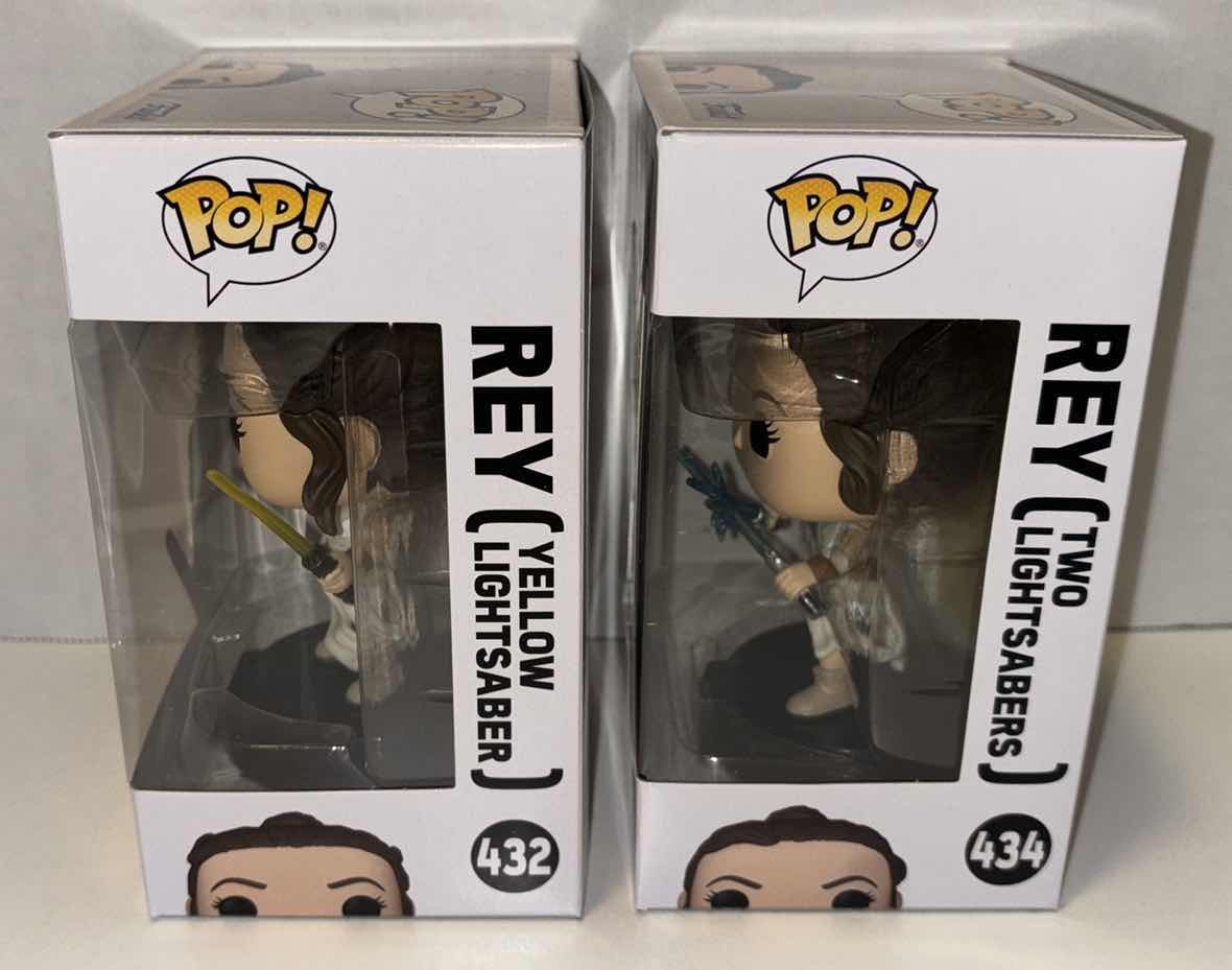 Photo 1 of NEW FUNKO POP! 2-PACK STAR WARS BOBBLE-HEAD VINYL FIGURES, #432 “REY (YELLOW LIGHTSABER) & #434 REY (TWO LIGHTSABERS)”