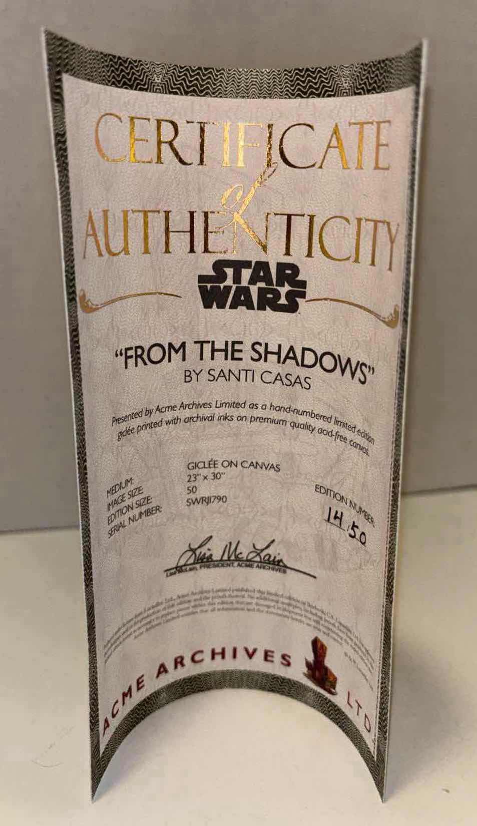 Photo 1 of NEW ACME ARCHIVES DIRECT STAR WARS “FROM THE SHADOWS” BY SANTI CASAS 23” x 30” GICLÉE ON CANVAS, HAND NUMBERED SIGNED EDITION W CERTIFICATE OF AUTHENTICITY (SERIAL NO. SWRJI790)