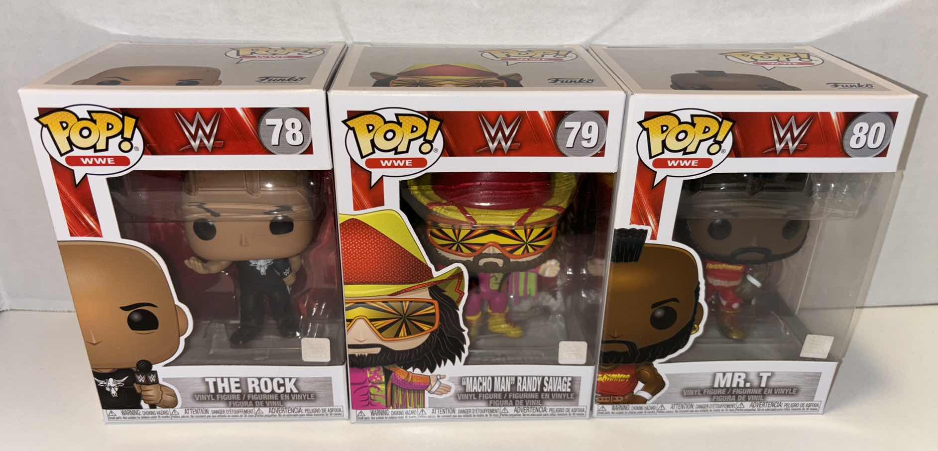 Photo 1 of NEW FUNKO POP! 3-PACK WWE VINYL FIGURES, #78 THE ROCK, #79 MACHO MAN RANDY SAVAGE, #80 MR. T