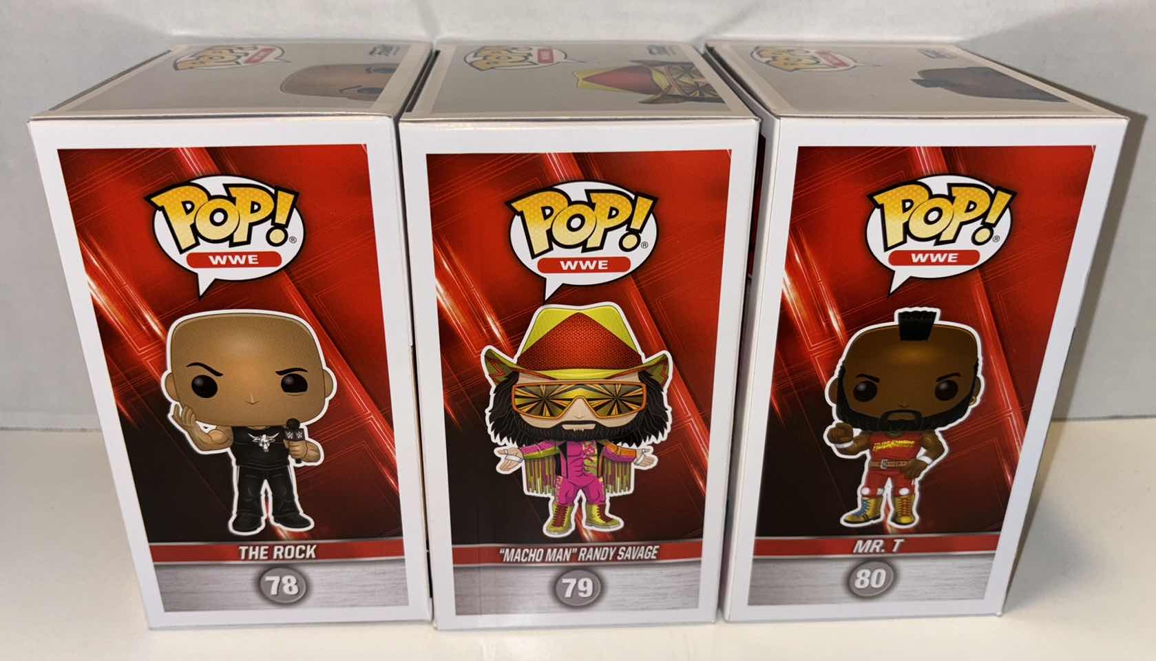 Photo 1 of NEW FUNKO POP! 3-PACK WWE VINYL FIGURES, #78 THE ROCK, #79 MACHO MAN RANDY SAVAGE, #80 MR. T