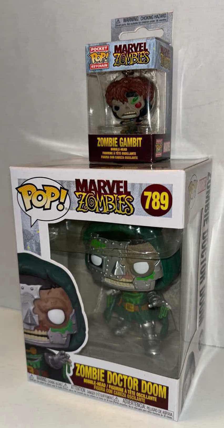 Photo 1 of NEW FUNKO POP! MARVEL ZOMBIES 2-PACK BOBBLE-HEAD FIGURES, #789 ZOMBIE DOCTOR DOOM & POCKET POP! KEYCHAIN ZOMBIE GAMBIT