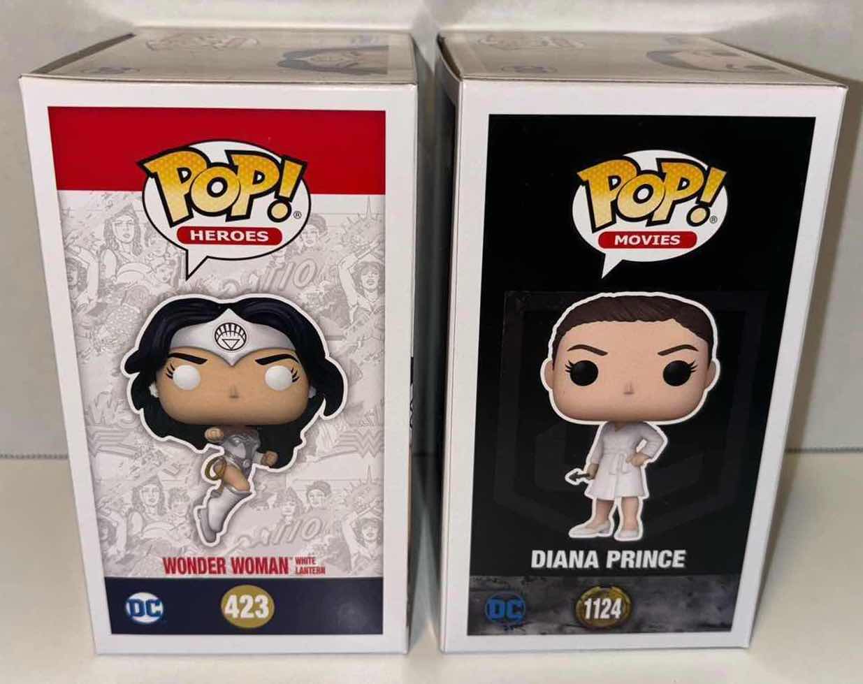 Photo 1 of NEW FUNKO POP! HEROES VINYL FIGURES, #423 80TH ANNIVERSARY WONDER WOMAN WHITE LANTERN (GLOW IN THE DARK) & #1124 ZACK SNYDER’S JUSTICE LEAGUE DIANA PRINCE