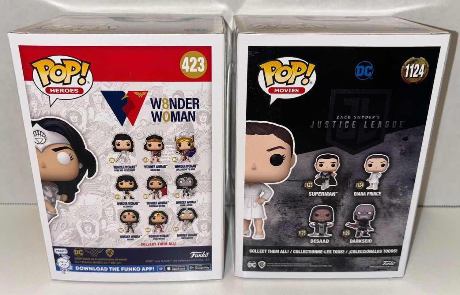 Photo 1 of NEW FUNKO POP! HEROES VINYL FIGURES, #423 80TH ANNIVERSARY WONDER WOMAN WHITE LANTERN (GLOW IN THE DARK) & #1124 ZACK SNYDER’S JUSTICE LEAGUE DIANA PRINCE