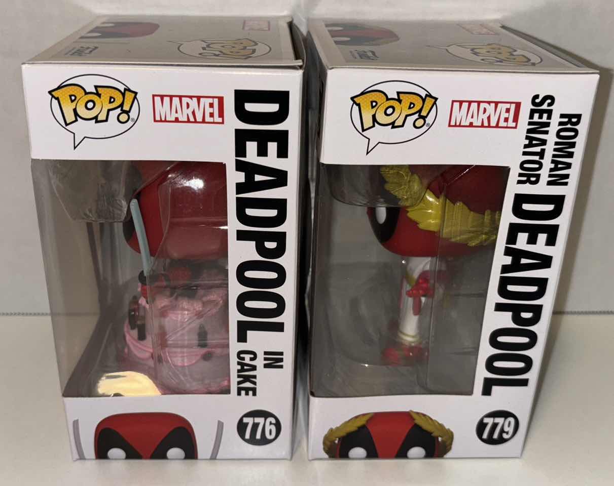 Photo 1 of NEW FUNKO POP! MARVEL BOBBLE-HEAD VINYL FIGURES, 30TH ANNIVERSARY #776 DEADPOOL IN CAKE & #779 ROMAN SENATOR DEADPOOL