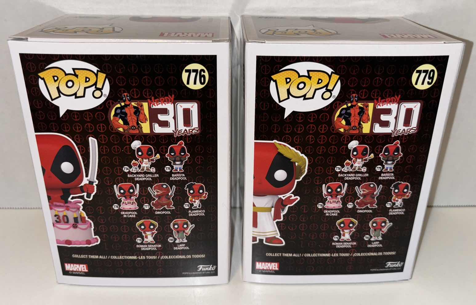 Photo 1 of NEW FUNKO POP! MARVEL BOBBLE-HEAD VINYL FIGURES, 30TH ANNIVERSARY #776 DEADPOOL IN CAKE & #779 ROMAN SENATOR DEADPOOL
