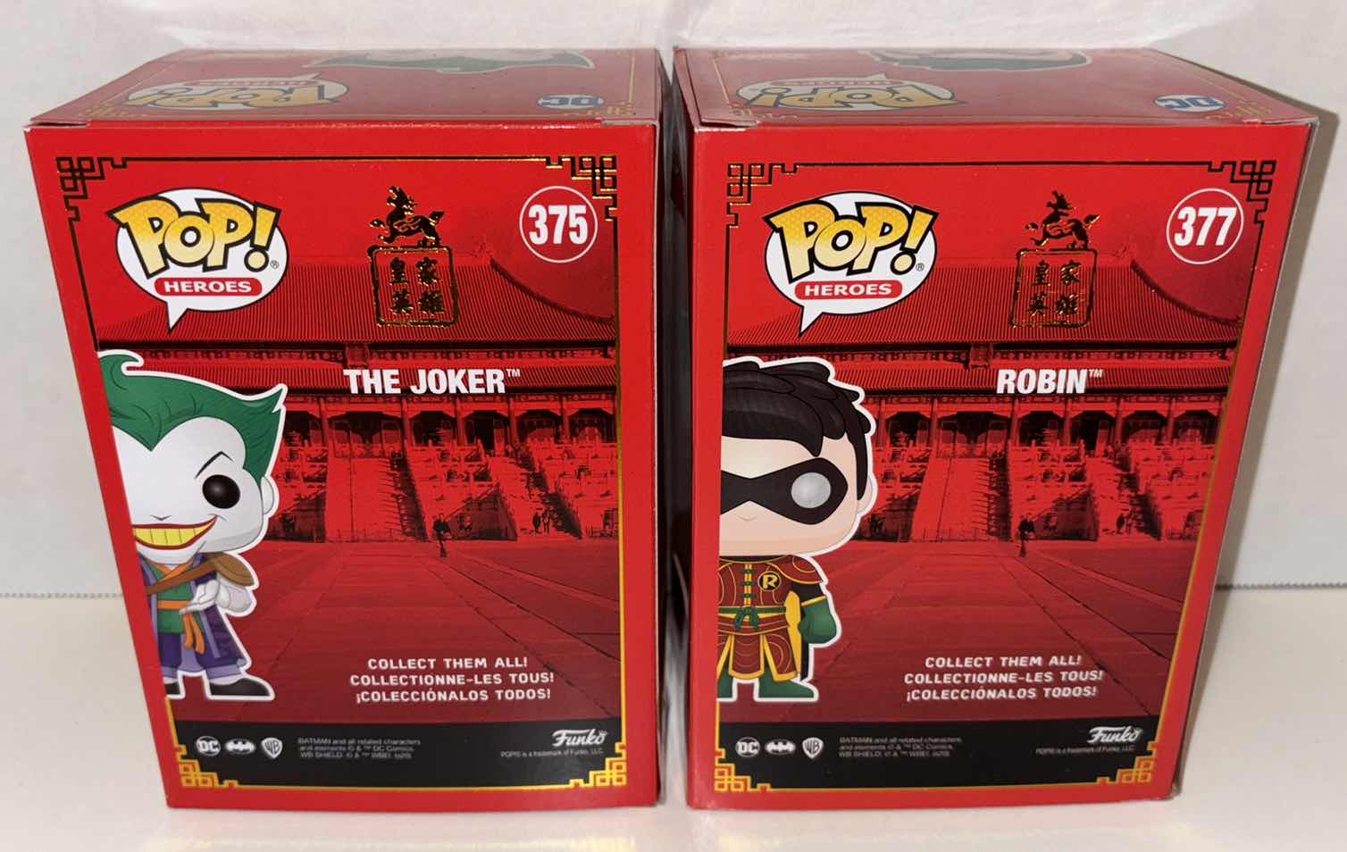 Photo 1 of NEW FUNKO POP! HEROES DC IMPERIAL PALACE VINYL FIGURES, #375 THE JOKER & #377 ROBIN