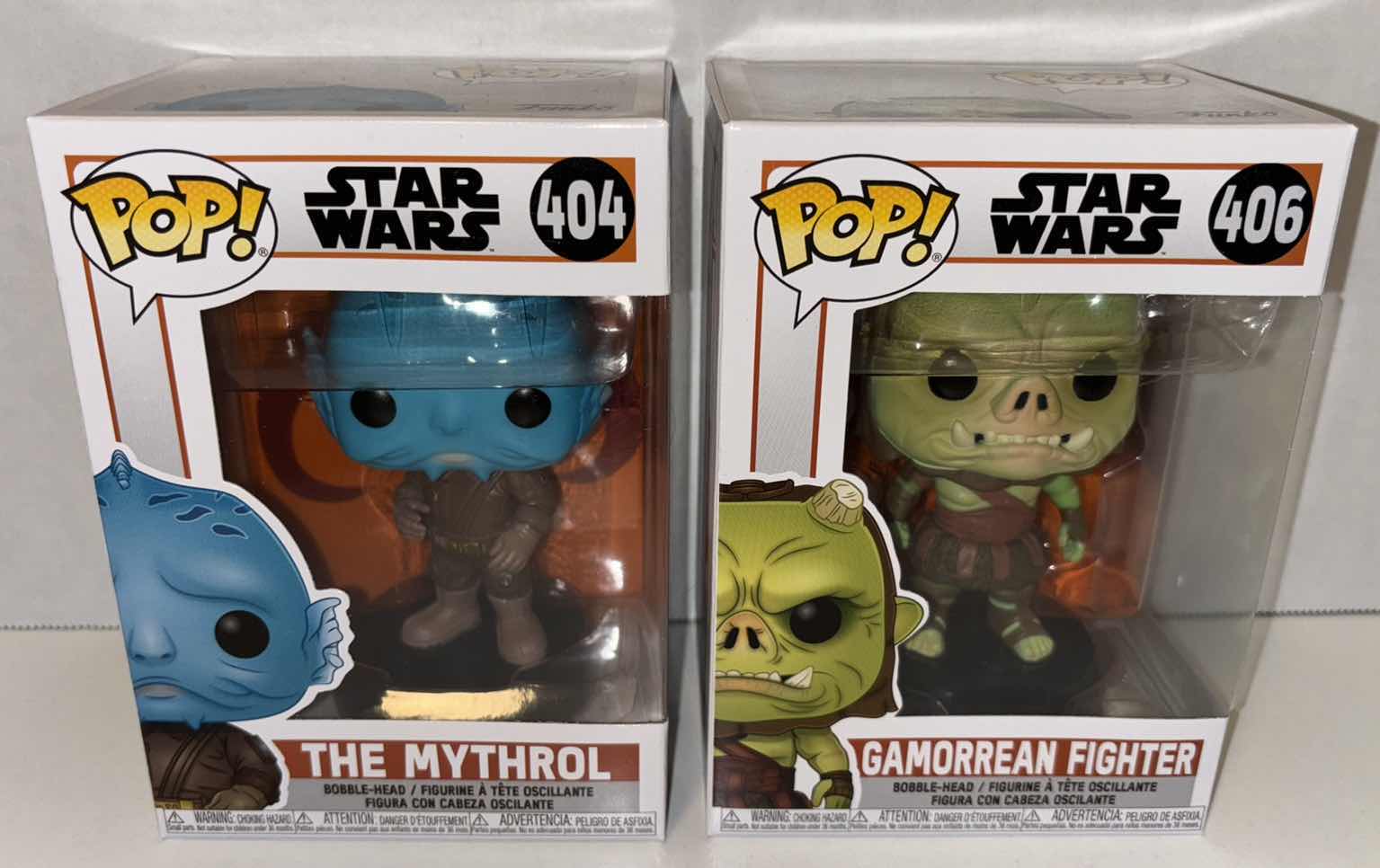 Photo 1 of NEW FUNKO POP! STAR WARS BOBBLE-HEAD VINYL FIGURES, #404 THE MYTHROL & #406 GAMORREAN FIGHTER