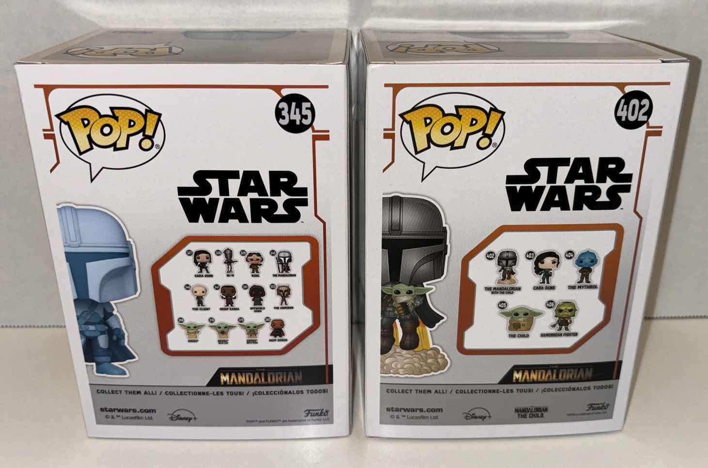 Photo 1 of NEW FUNKO POP! STAR WARS BOBBLE-HEAD VINYL FIGURES, #345 THE MANDALORIAN (GLOW IN THE DARK) & #402 THE MANDALORIAN WITH THE CHILD