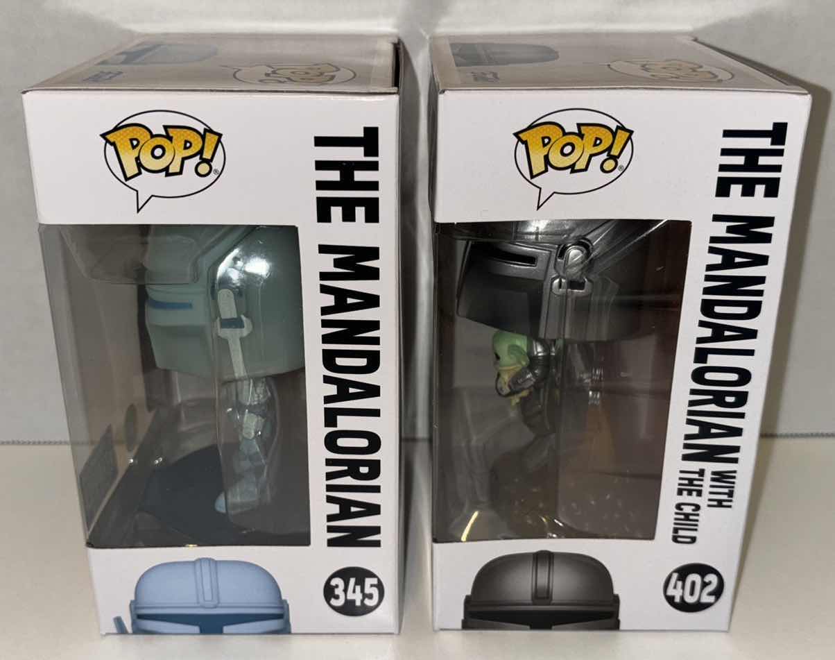 Photo 1 of NEW FUNKO POP! STAR WARS BOBBLE-HEAD VINYL FIGURES, #345 THE MANDALORIAN (GLOW IN THE DARK) & #402 THE MANDALORIAN WITH THE CHILD