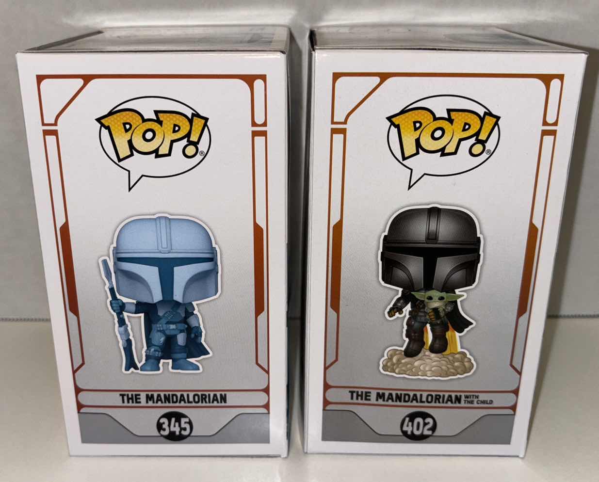 Photo 1 of NEW FUNKO POP! STAR WARS BOBBLE-HEAD VINYL FIGURES, #345 THE MANDALORIAN (GLOW IN THE DARK) & #402 THE MANDALORIAN WITH THE CHILD