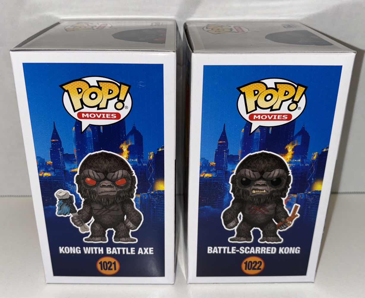 Photo 1 of NEW FUNKO POP! MOVIES GODZILLA VS. KONG VINYL FIGURES, #1021 KONG WITH BATTLE AXE & #1022 BATTLE-SCARRED KONG
