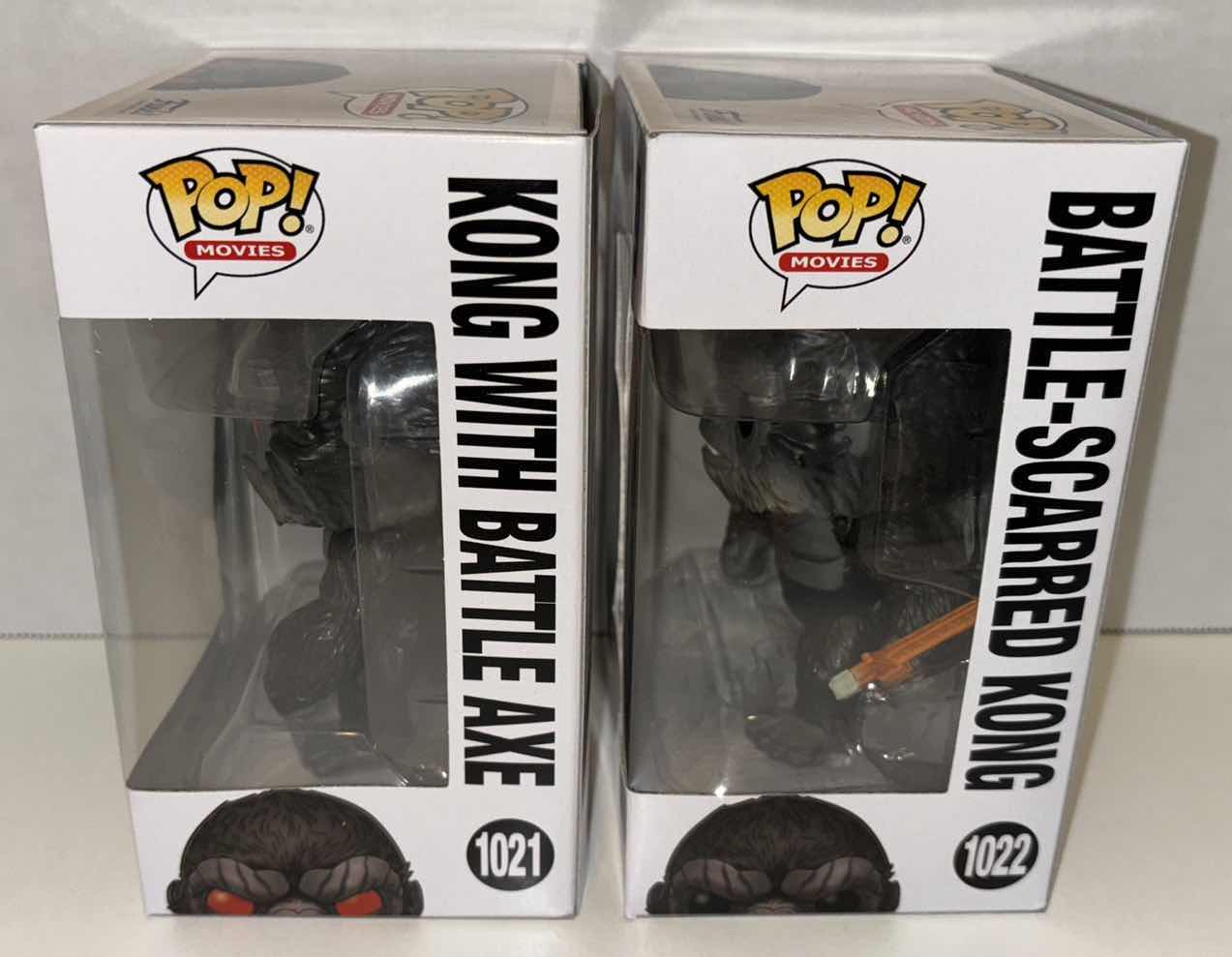 Photo 1 of NEW FUNKO POP! MOVIES GODZILLA VS. KONG VINYL FIGURES, #1021 KONG WITH BATTLE AXE & #1022 BATTLE-SCARRED KONG