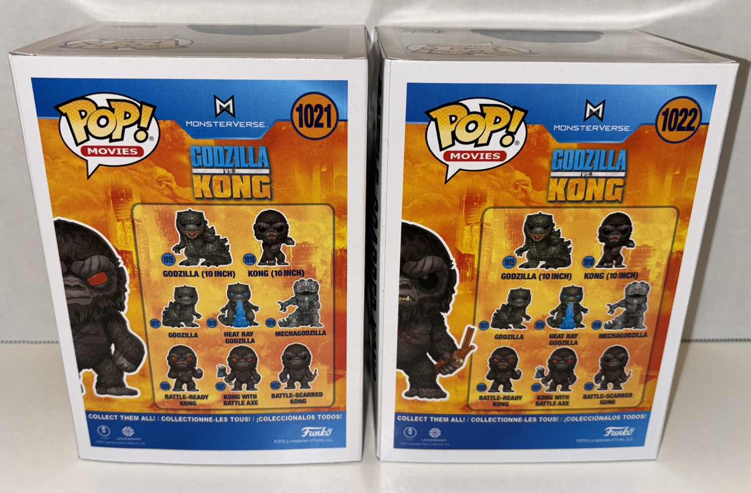 Photo 1 of NEW FUNKO POP! MOVIES GODZILLA VS. KONG VINYL FIGURES, #1021 KONG WITH BATTLE AXE & #1022 BATTLE-SCARRED KONG
