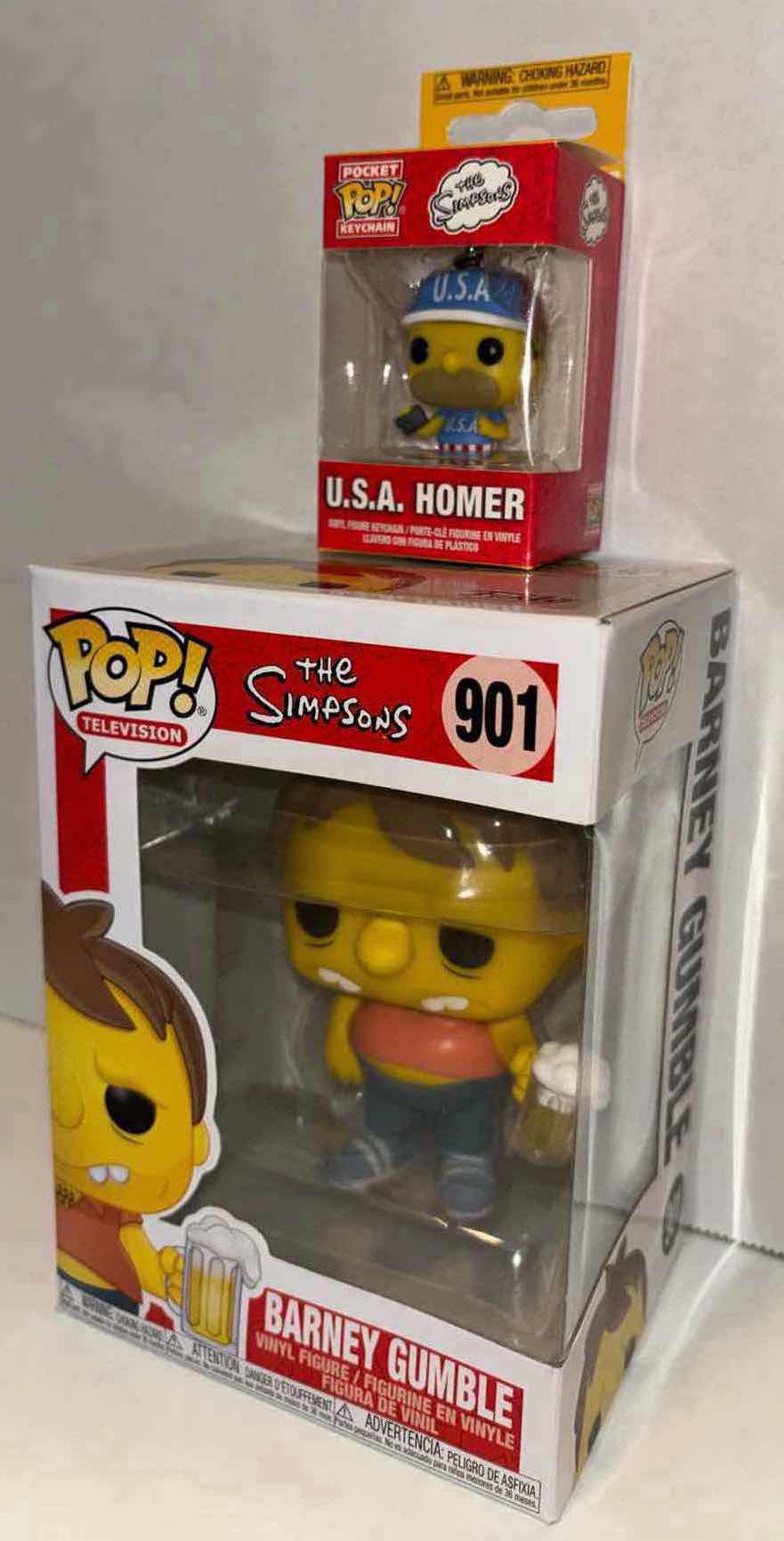 Photo 1 of NEW FUNKO POP! TELEVISION VINYL FIGURE & POCKET POP! KEYCHAIN, THE SIMPSONS #901 BARNEY GUMBLE & U.S.A. HOMER KEYCHAIN