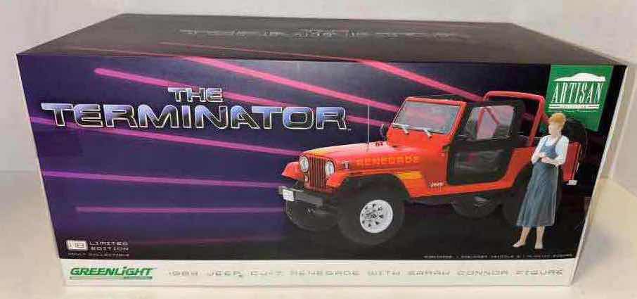 Photo 1 of NEW GREENLIGHT COLLECTIBLES 1:18 SCALE DIE-CAST VEHICLE W FIGURE, THE TERMINATOR 1983 JEEP CJ-7 RENEGADE W SARAH CONNOR FIGURE