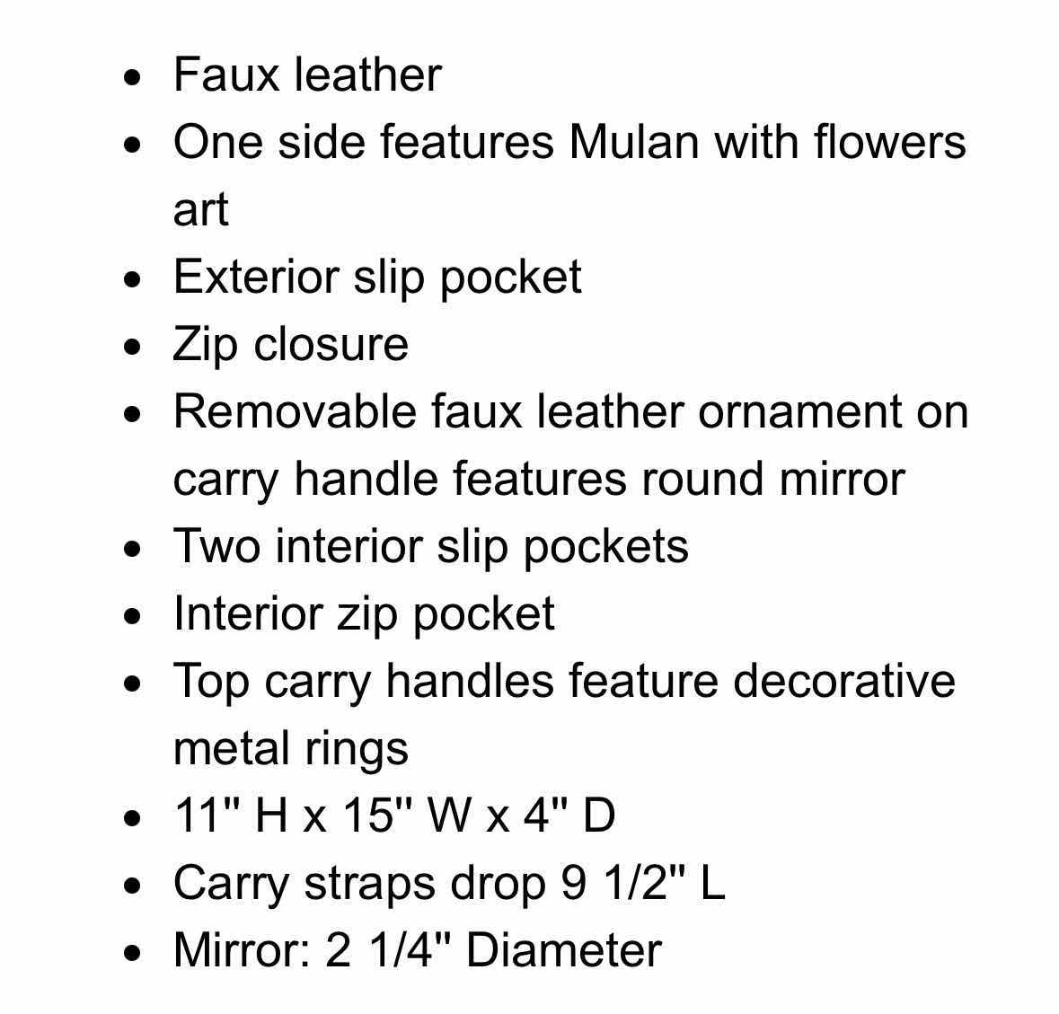 Photo 1 of DISNEY’S MULAN 20TH ANNIVERSARY COLLECTION FASHION TOTE BAG W MIRROR