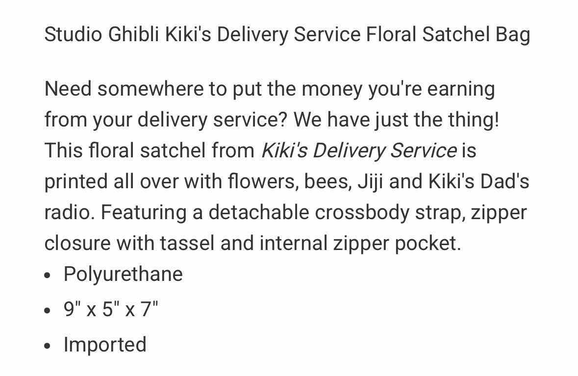 Photo 1 of NEW STUDIO GHIBLI KIKI’S DELIVERY SERVICE FLORAL SATCHEL BAG