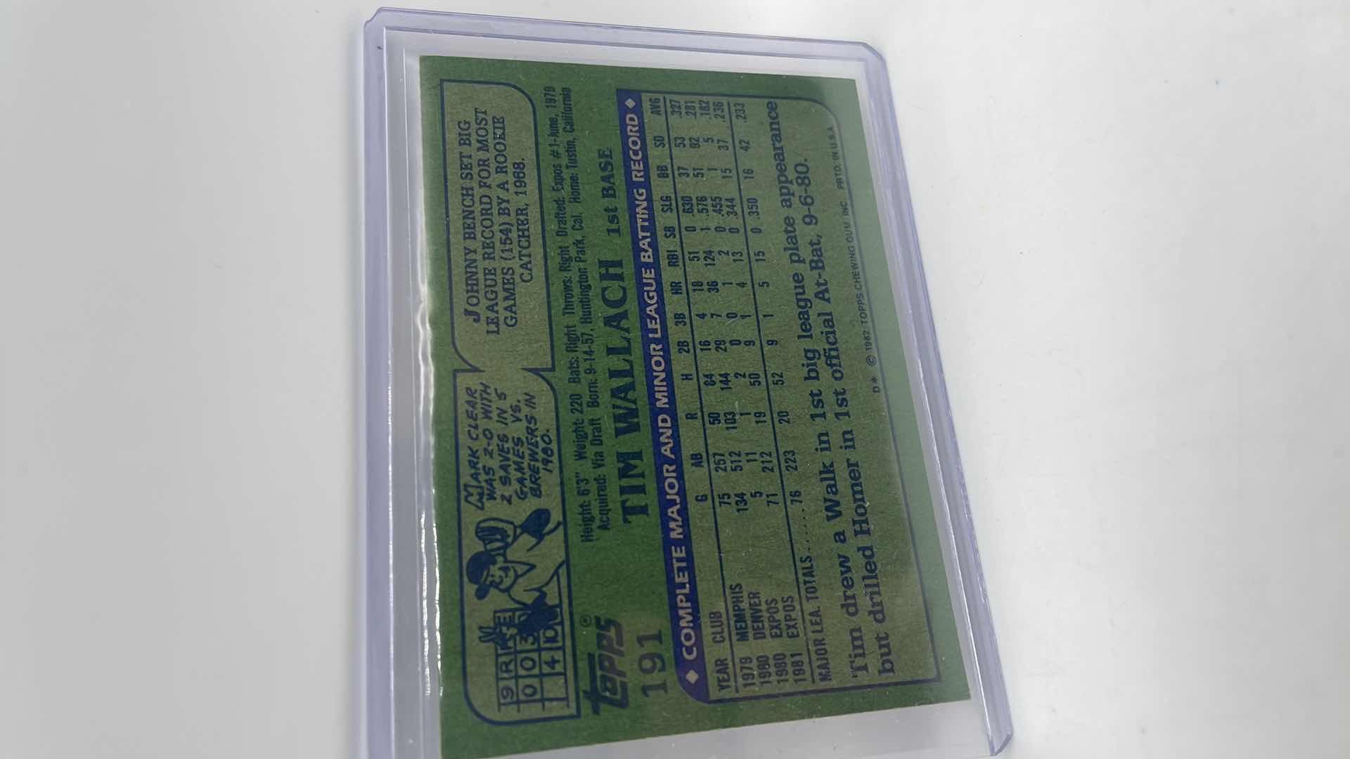 Photo 1 of 1982 TIM WALLACH TOPPS CARD 191