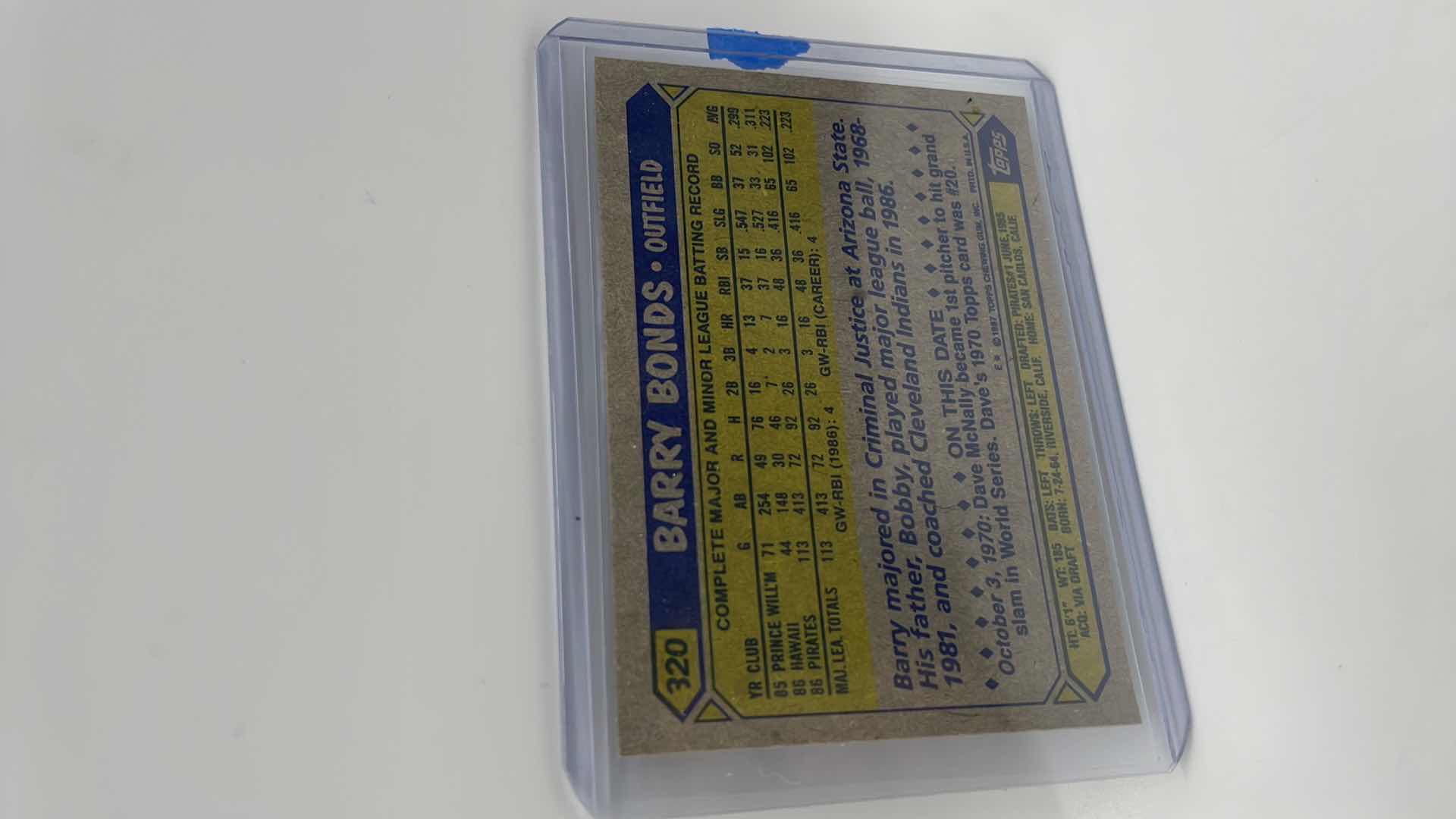 Photo 1 of 1987 BARRY BONDS TOPPS ERROR CARD 320