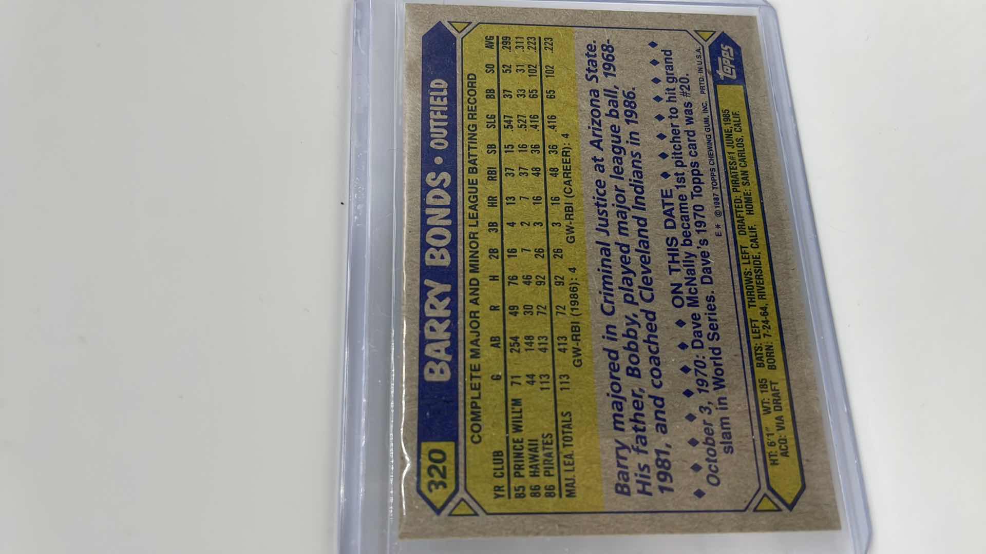 Photo 1 of 1987 BARRY BONDS TOPPS ERROR CARD 320
