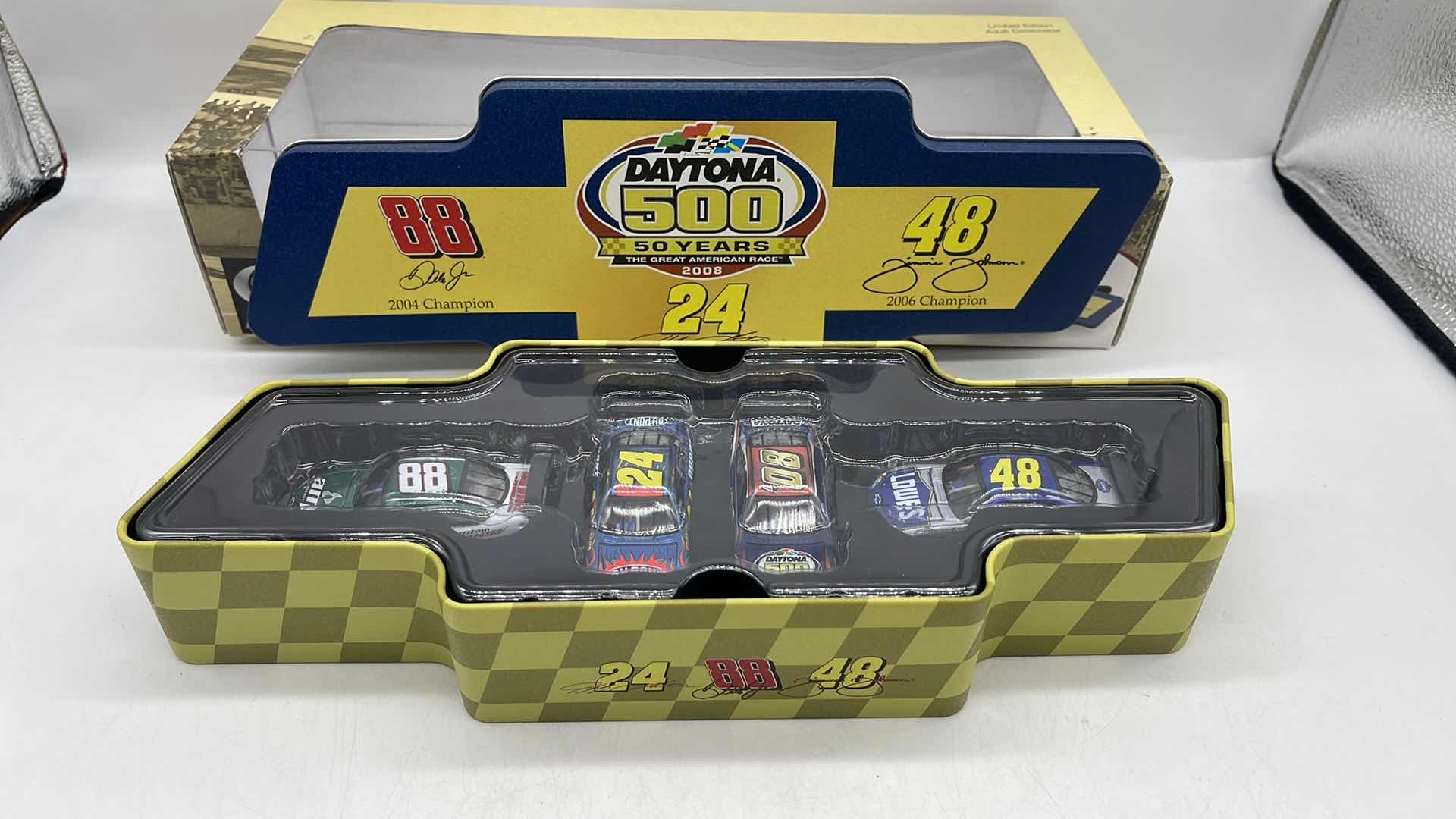 Photo 1 of 2008 HENDRICK MOTORSPORTS 4 CAR TIN SET DAYTONA 500 50 YEARS NASCAR DIECAST 1:64 