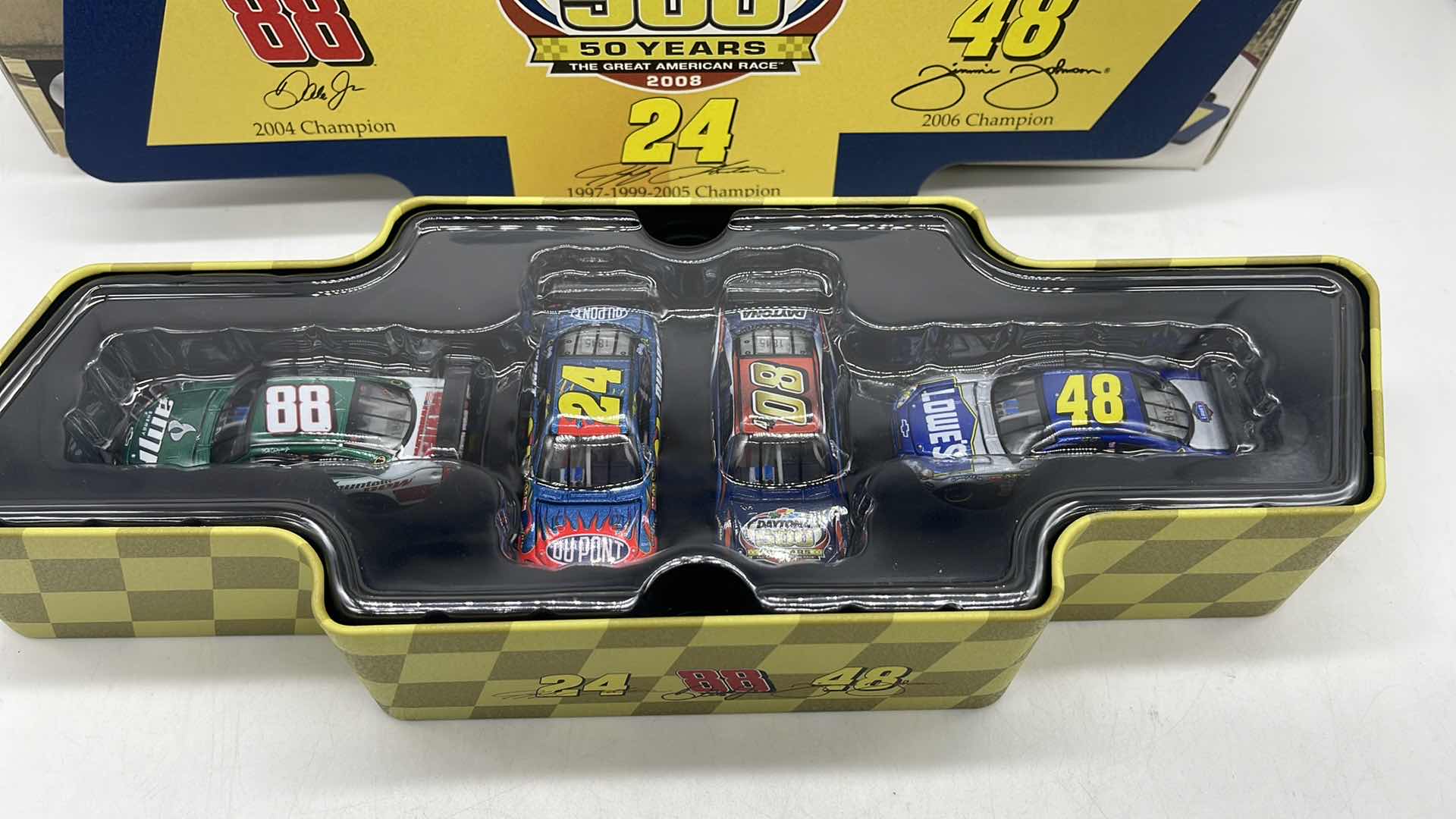Photo 1 of 2008 HENDRICK MOTORSPORTS 4 CAR TIN SET DAYTONA 500 50 YEARS NASCAR DIECAST 1:64 
