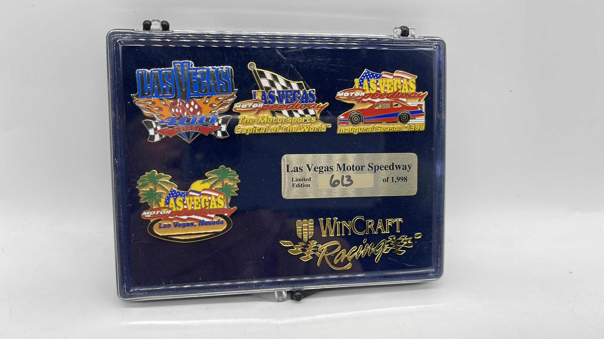 Photo 1 of 1998 LAS VEGAS MOTOR SPEEDWAY INAUGURAL SEASON LIMITED EDITION ENAMEL PIN SET NUMBERED 613/1998