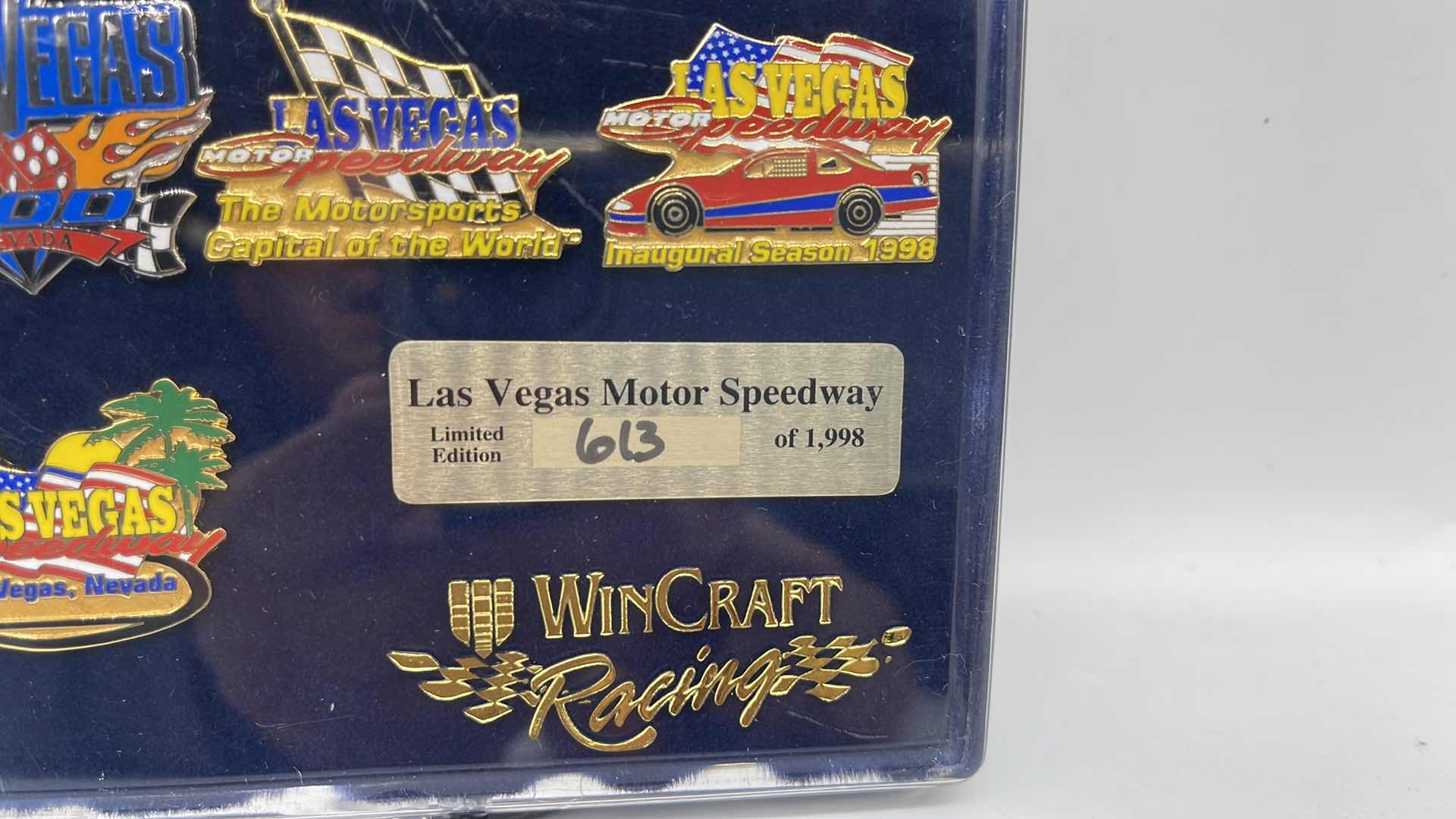 Photo 1 of 1998 LAS VEGAS MOTOR SPEEDWAY INAUGURAL SEASON LIMITED EDITION ENAMEL PIN SET NUMBERED 613/1998