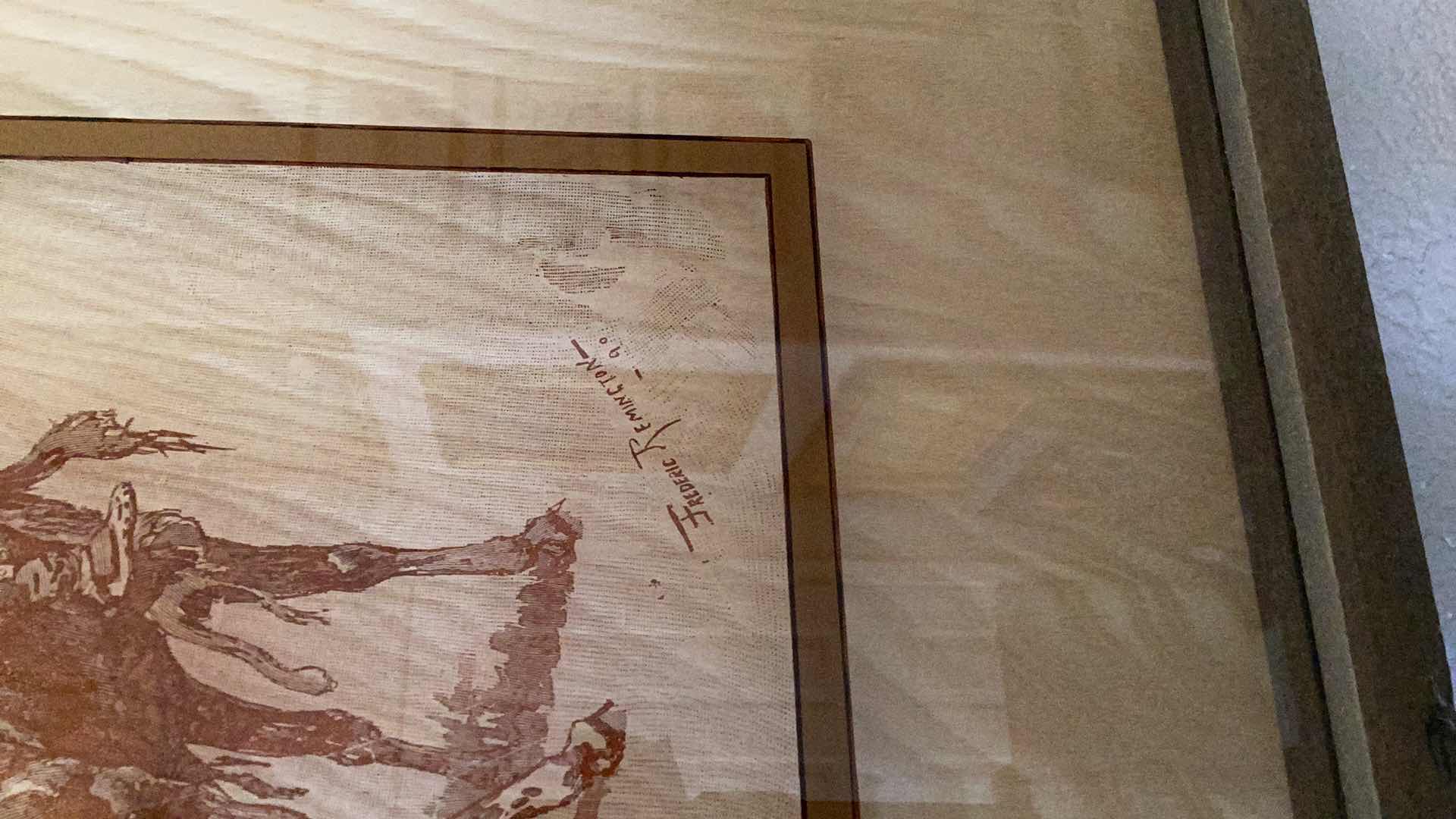 Photo 1 of VINTAGE 1974 FREDERIC REMINGTON ON GLASS WITH LUCID LINES SQUAW FIGHTING CHIEF 17” X H 21” $150