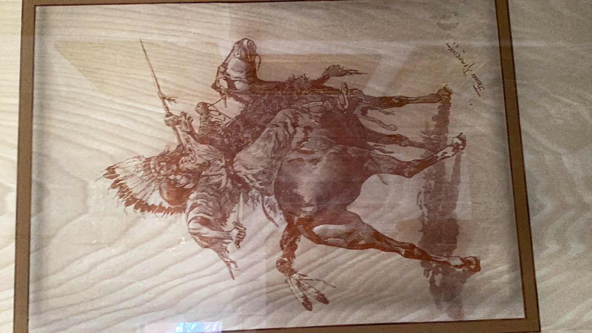 Photo 1 of VINTAGE 1974 FREDERIC REMINGTON ON GLASS WITH LUCID LINES SQUAW FIGHTING CHIEF 17” X H 21” $150