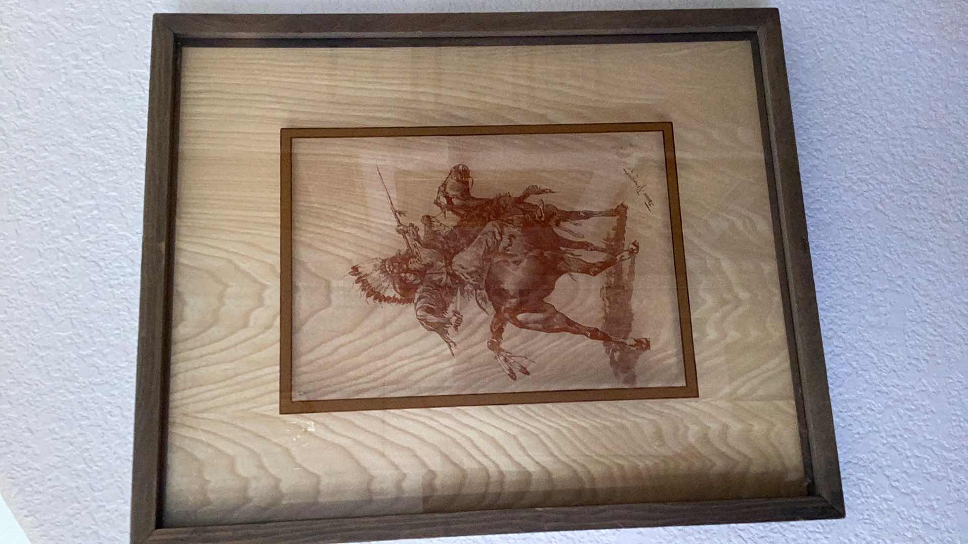 Photo 1 of VINTAGE 1974 FREDERIC REMINGTON ON GLASS WITH LUCID LINES SQUAW FIGHTING CHIEF 17” X H 21” $150