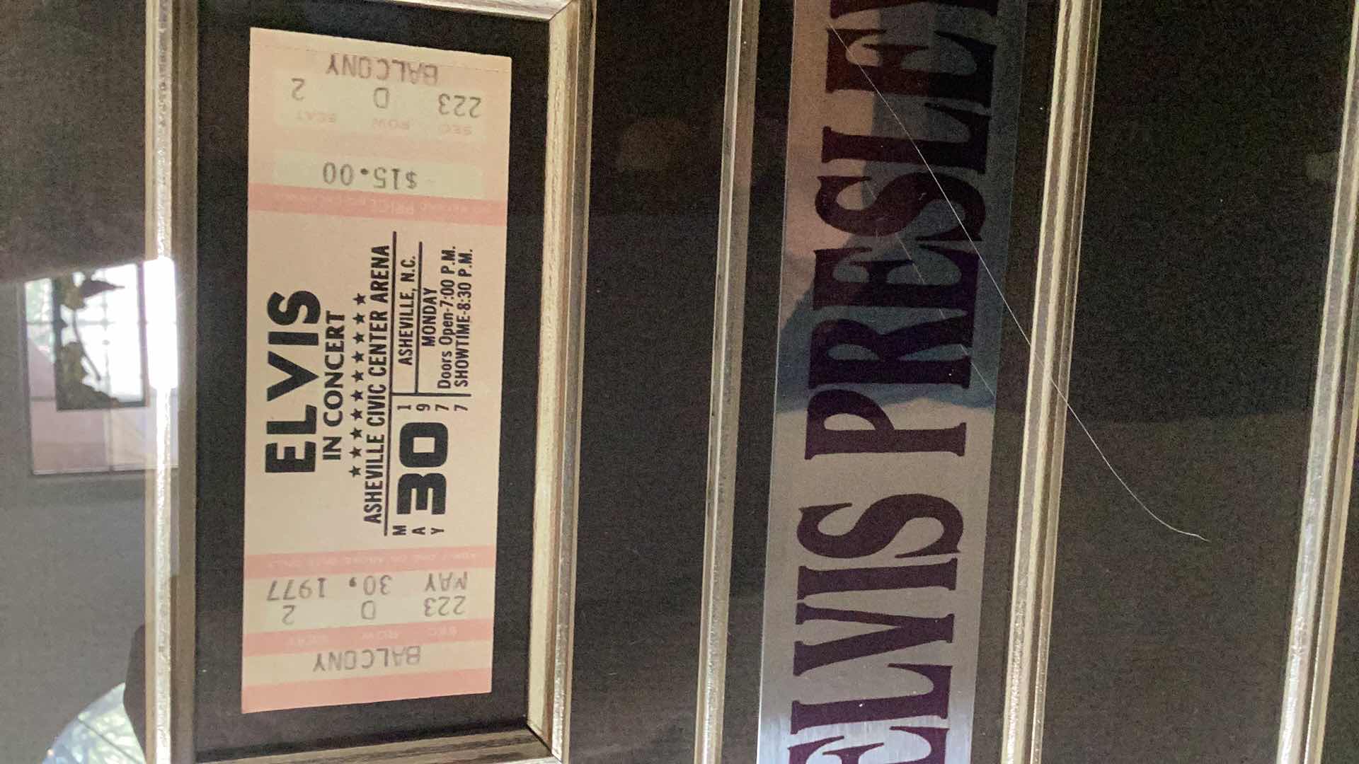 Photo 1 of VINTAGE LARGE ELVIS PRESLEY AUTOGRAPHED TRIBUTE: AUTO, CONCERT TICKET, AND LOVE ME TENDER SHEET MUSIC 41” X H 31”