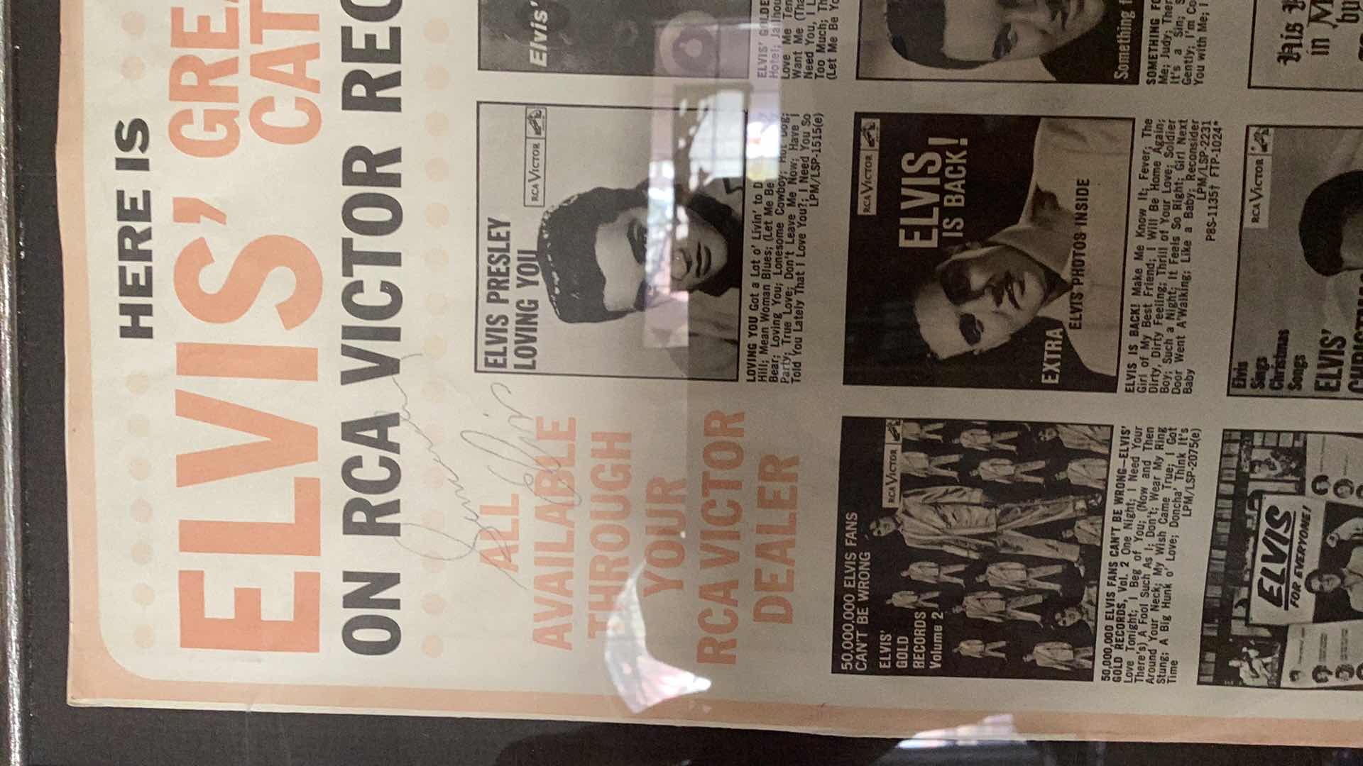 Photo 1 of VINTAGE LARGE ELVIS PRESLEY AUTOGRAPHED TRIBUTE: AUTO, CONCERT TICKET, AND LOVE ME TENDER SHEET MUSIC 41” X H 31”