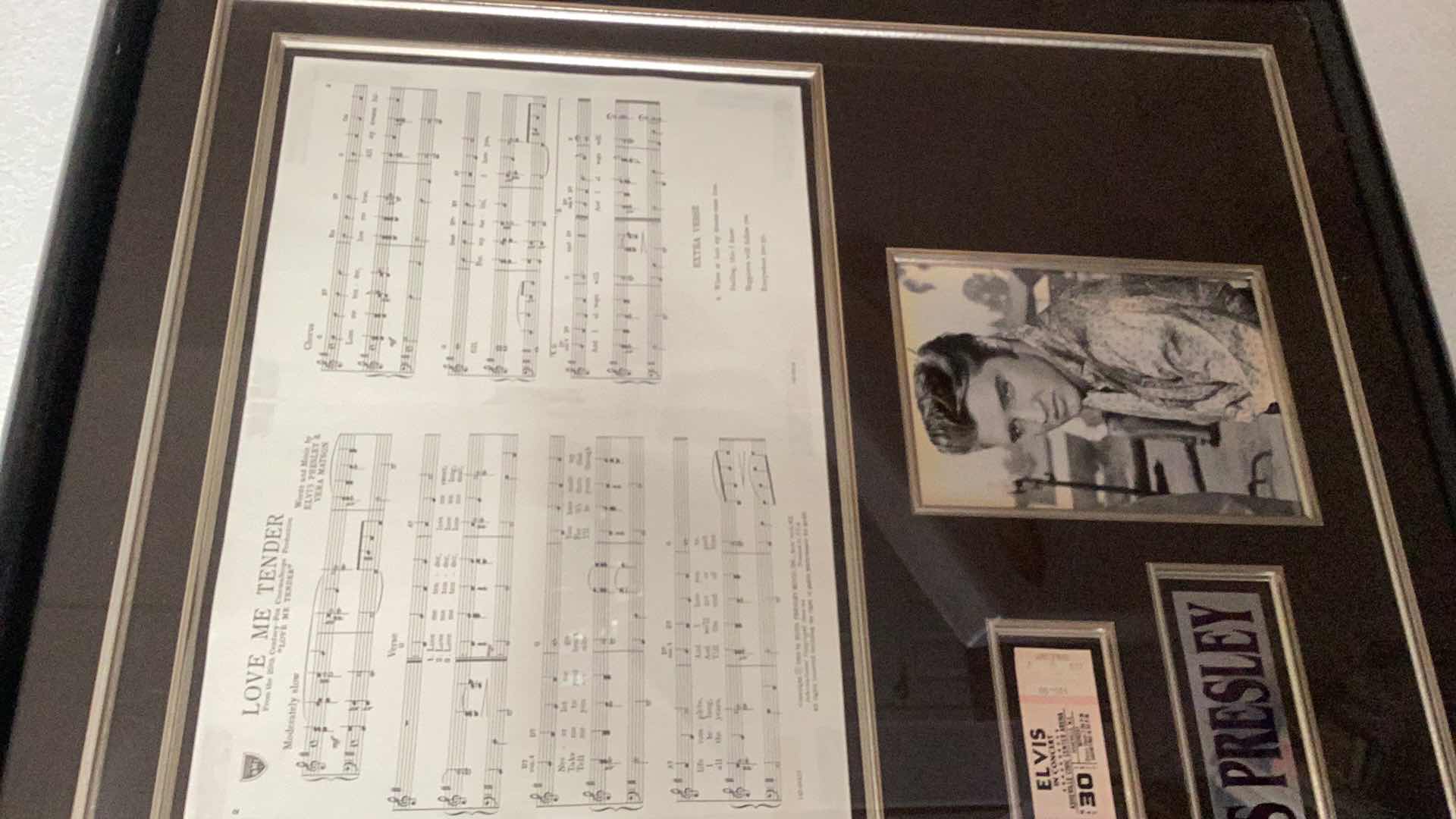 Photo 1 of VINTAGE LARGE ELVIS PRESLEY AUTOGRAPHED TRIBUTE: AUTO, CONCERT TICKET, AND LOVE ME TENDER SHEET MUSIC 41” X H 31”