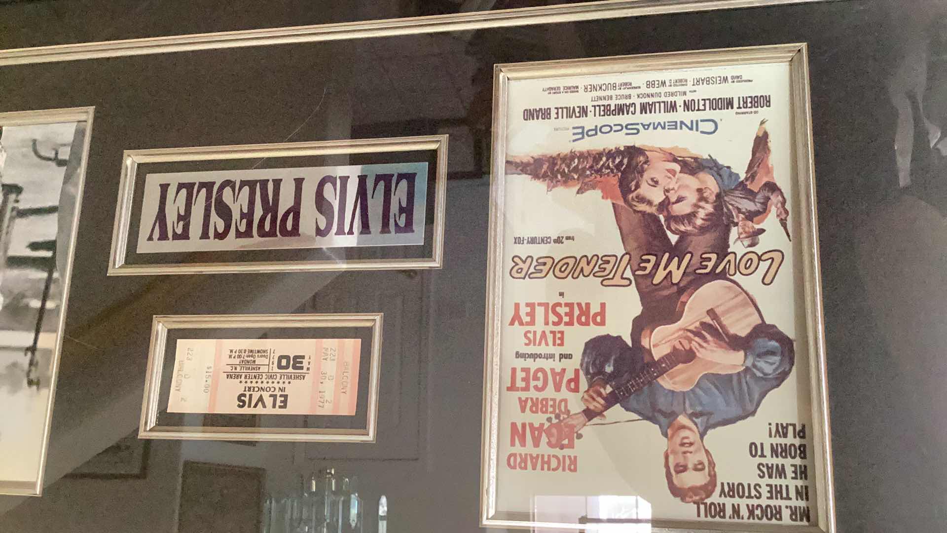 Photo 1 of VINTAGE LARGE ELVIS PRESLEY AUTOGRAPHED TRIBUTE: AUTO, CONCERT TICKET, AND LOVE ME TENDER SHEET MUSIC 41” X H 31”