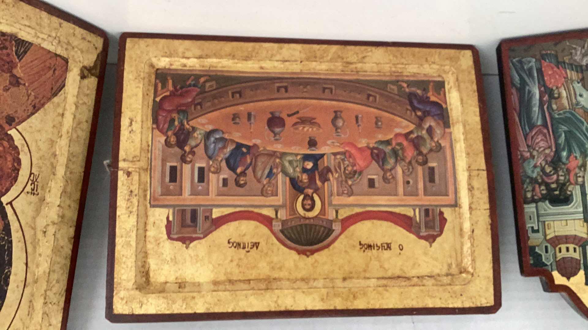Photo 1 of THREE RELIGIOUS PLAQUES: HOLY THURSDAY, ENTRY INTO JERUSALEM, AND MADONNA OF VLADIMIR 12” X H 9”
