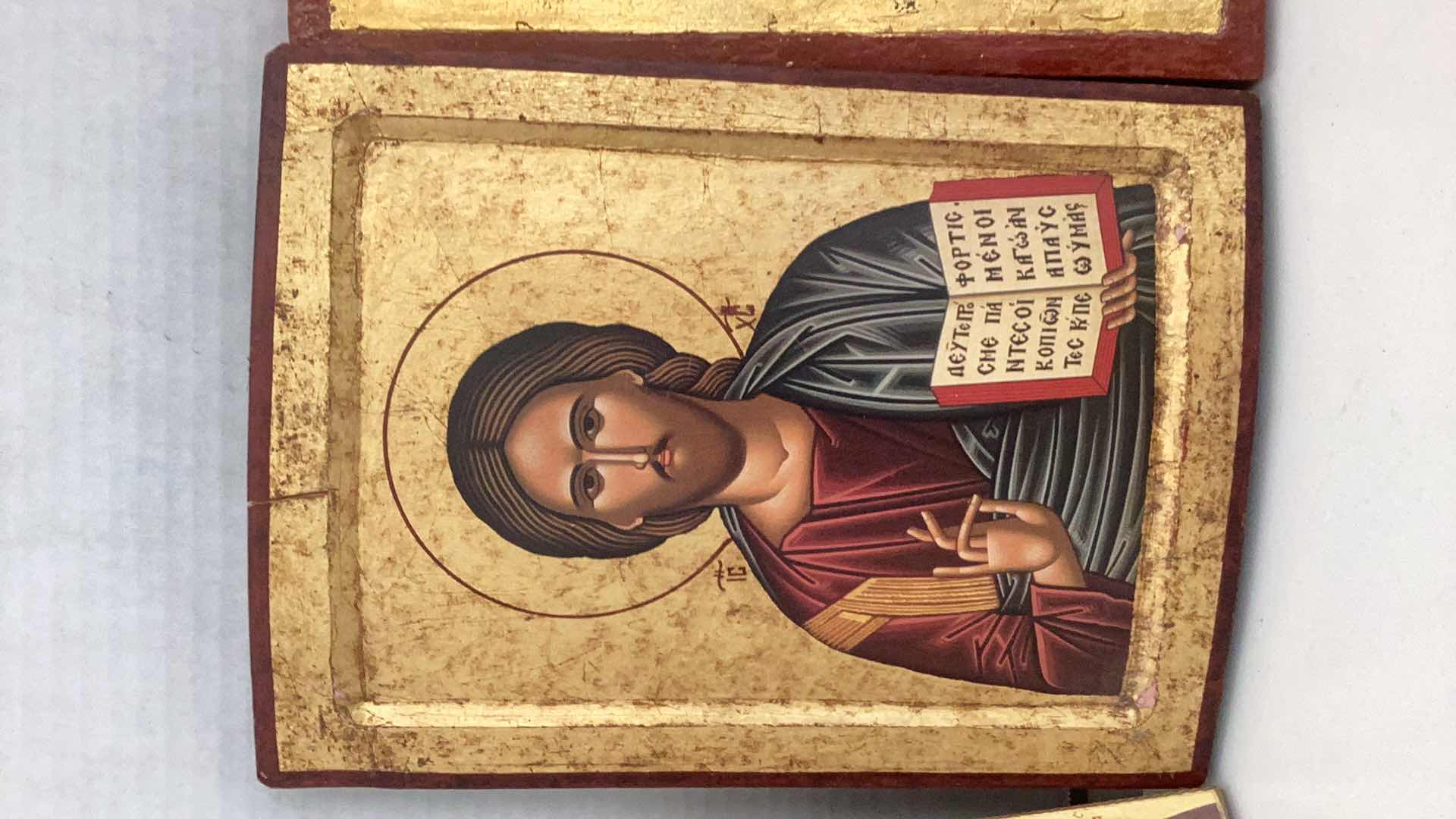 Photo 1 of FOUR RELIGIOUS PLAQUES: CHRIST WITH OPEN BOOK, SAINT ANTHONY, MADE IN GREECE 9” X H 12”