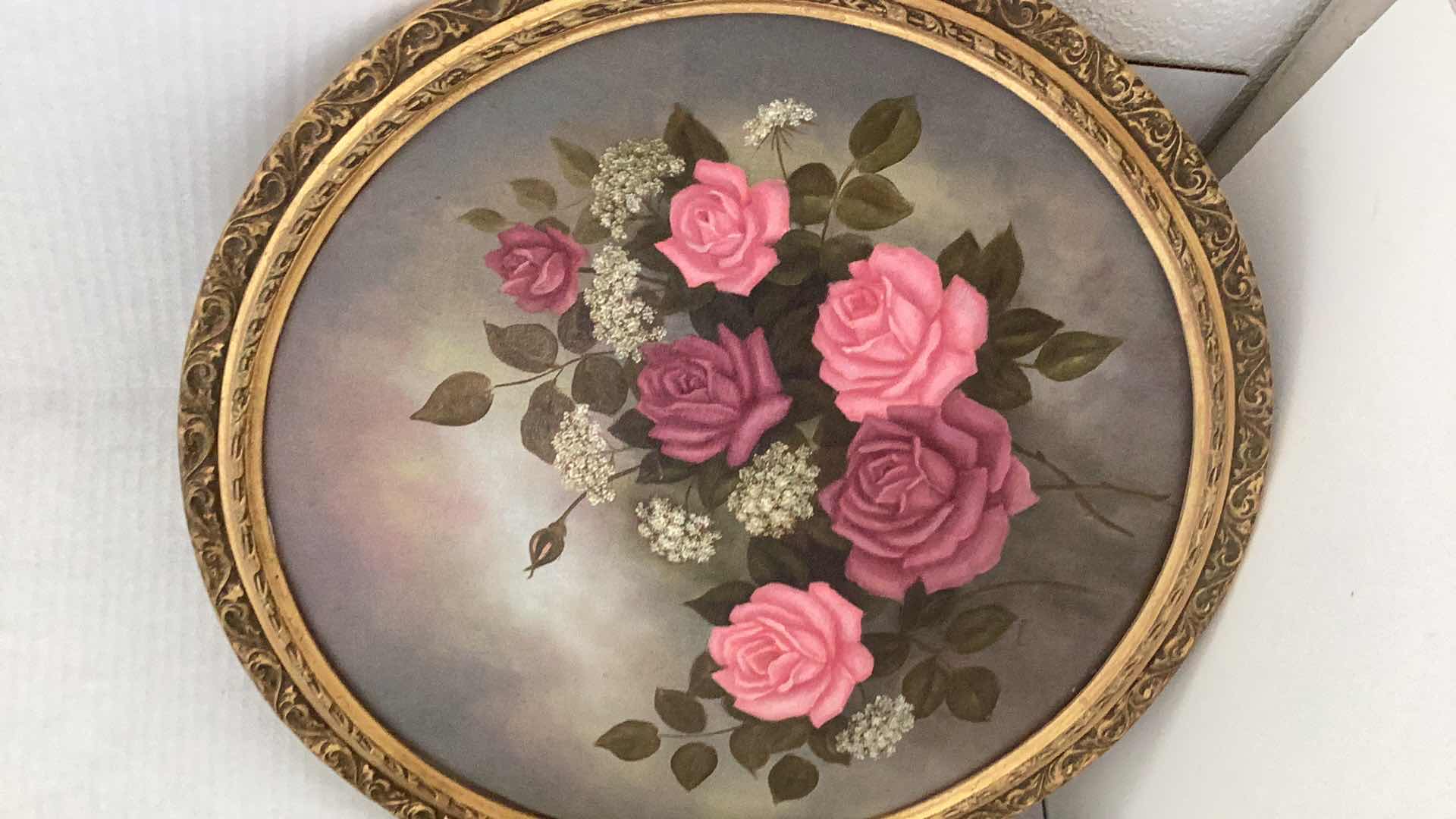 Photo 1 of ABSTRACT PRINT AND ROSES OIL PAINTING 22” X H 27” AND 20” CIRCUMFERENCE