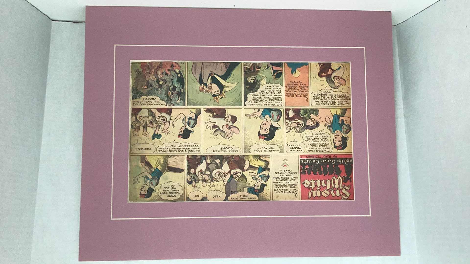 Photo 15 of VINTAGE 1937 WALT DISNEY “SNOW WHITE AND THE SEVEN DWARFS” MATTED ORIGINAL COLOR COMIC STRIP SET OF TWENTY 20” X H 16”