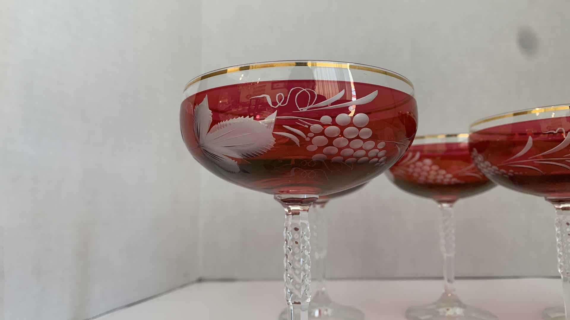 Photo 1 of SET OF 6 ECHT BLEIKRISTALL RED COUPE GLASSES H 5.5”