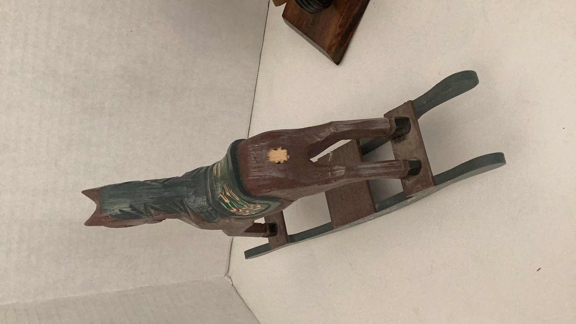 Photo 1 of WOODEN HAND CARVED MOTORCYCLE 11” X H 6” AND HORSE