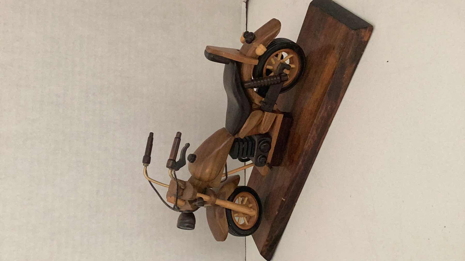Photo 1 of WOODEN HAND CARVED MOTORCYCLE 11” X H 6” AND HORSE