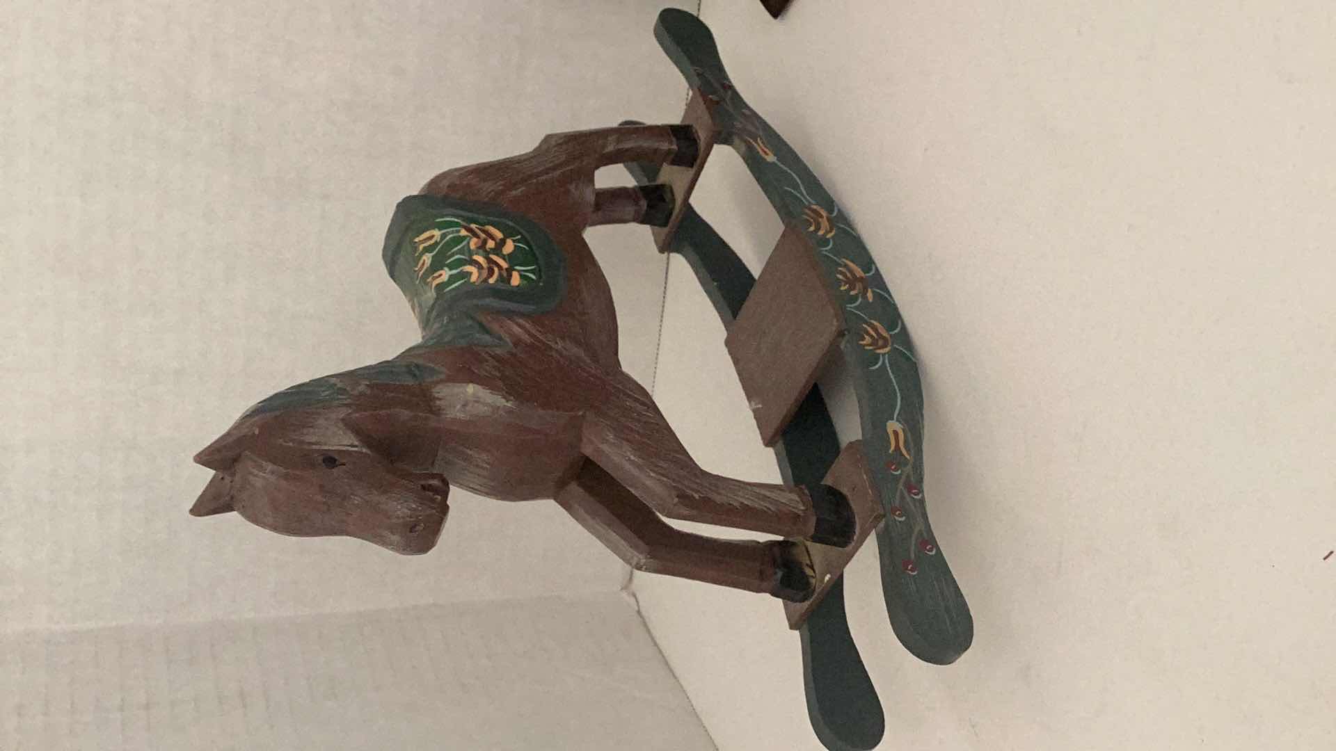 Photo 1 of WOODEN HAND CARVED MOTORCYCLE 11” X H 6” AND HORSE