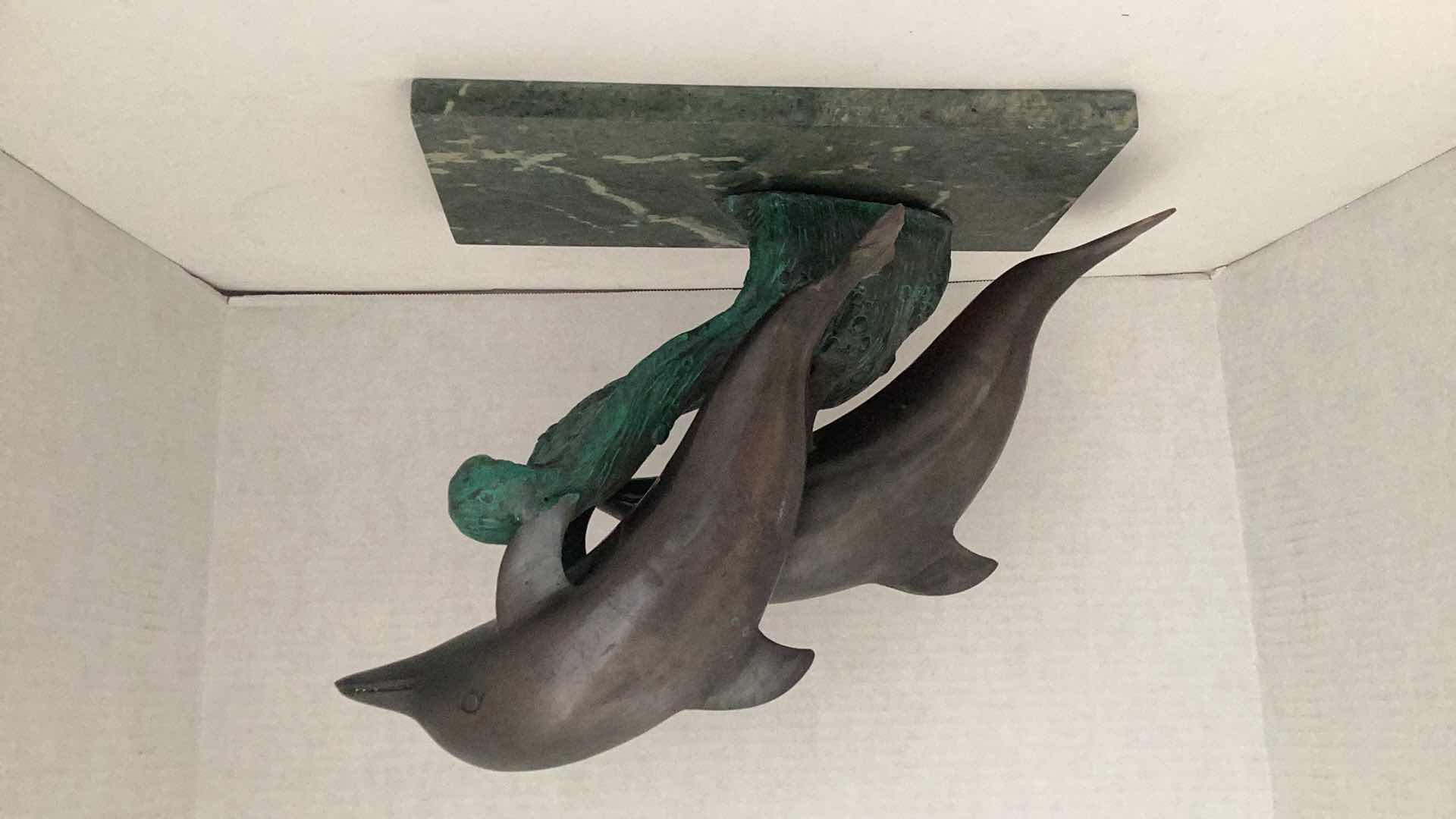 Photo 1 of HEAVY BRONZE PAIR OF DOLPHINS ON MARBLE 14” X 6” H 11”